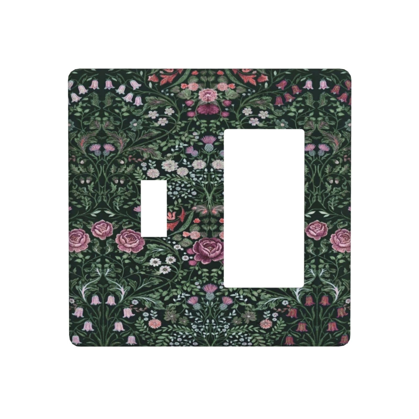 William Boho Floral Moris Flower Leaf 2 Gang Single Toggle/Rocker Combination Light Switch Cover Decorative Combo Switch Wall Plate Cover Electrical Faceplate Room Decor