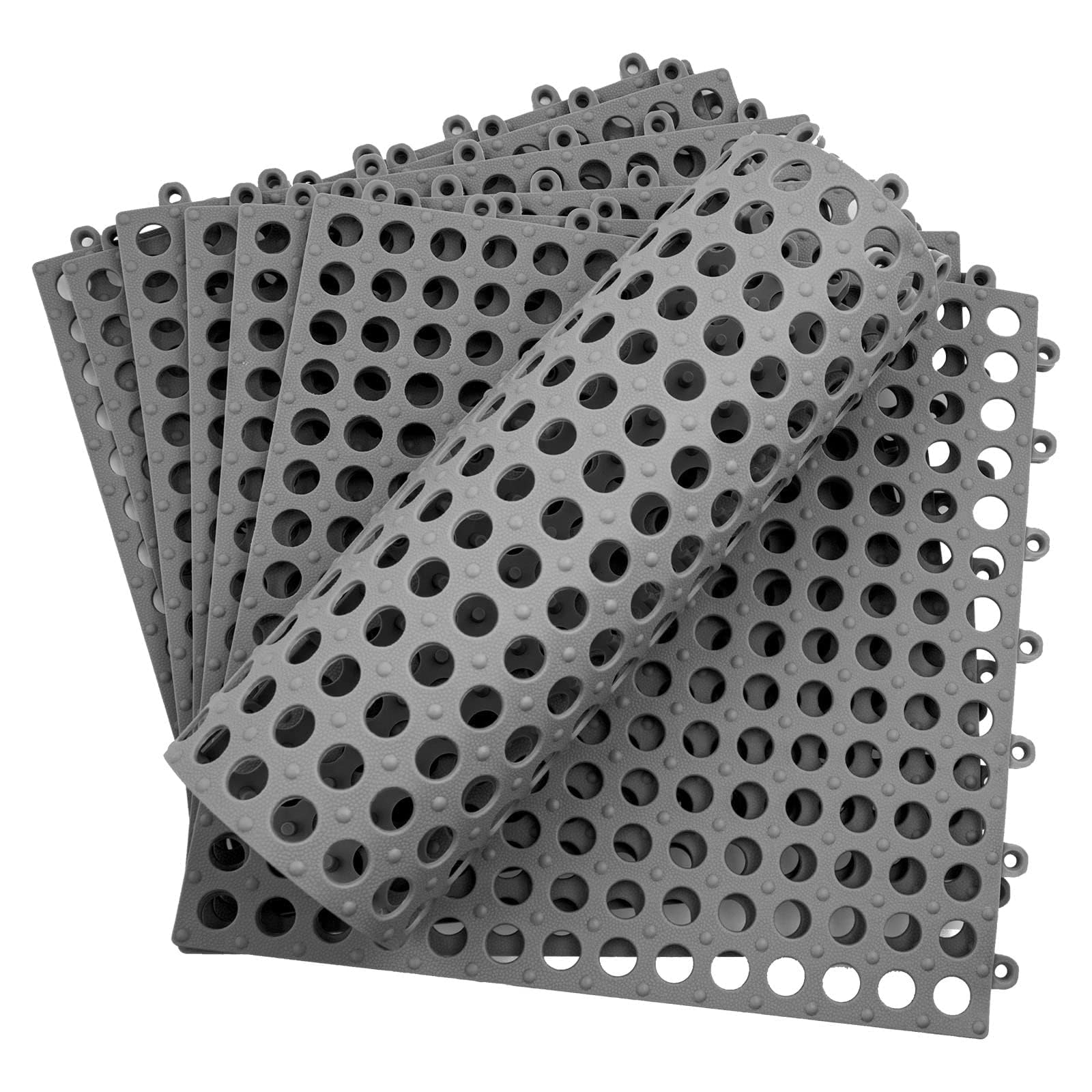 Lot de 16 Tapis de Douche Antidérapants, Dalles PVC 30 x 30 cm, Gris | Caillebotis Drainants en PVC Souple Couvrant 1,44 m² pour Douche Italienne, Baignoire, Salle de Bain et Zones Humides