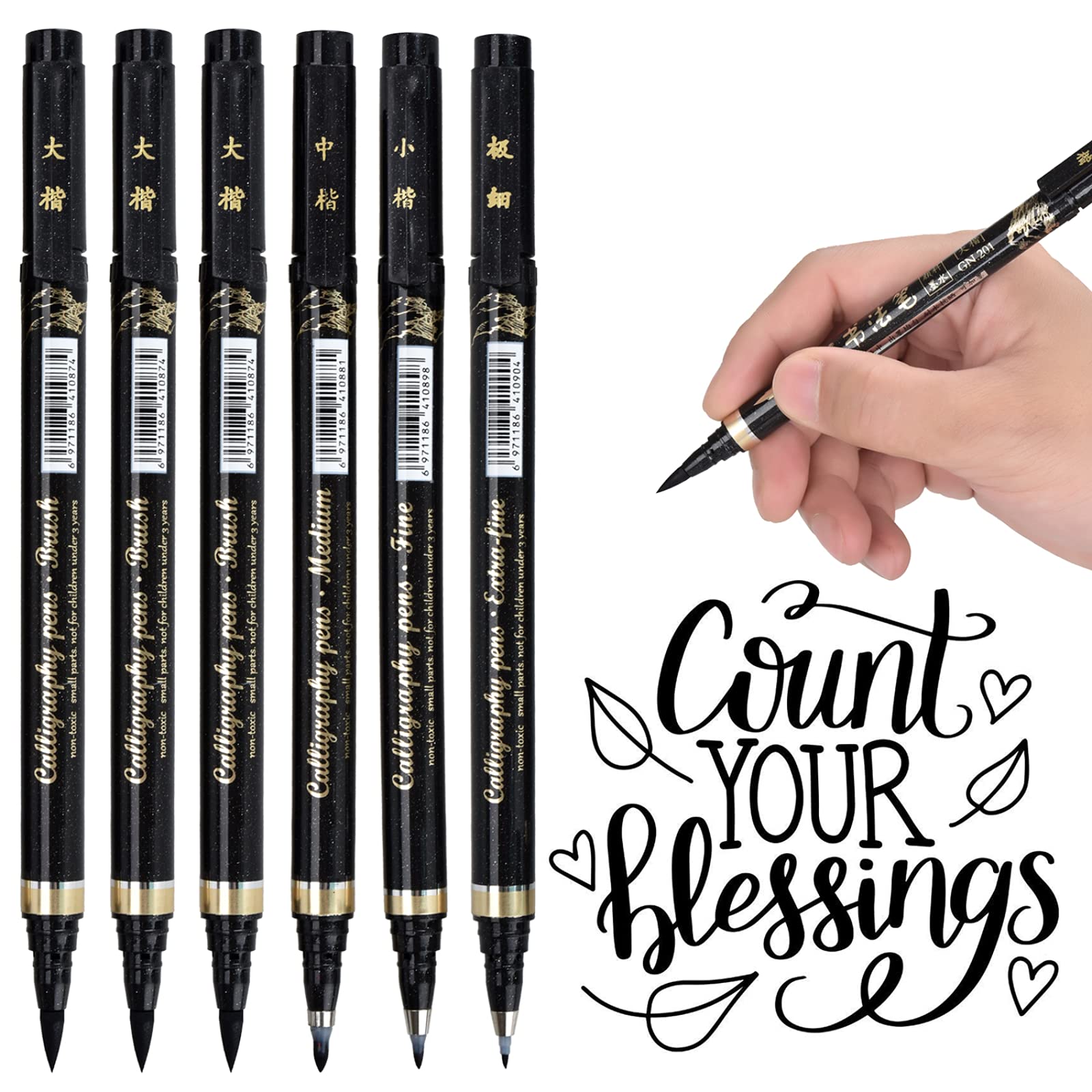 Set Di 6 Penne Per Calligrafia Nere, Punte Flessibili Di 4 Misure, Ricaricabili Per Principianti E Bullet Journal