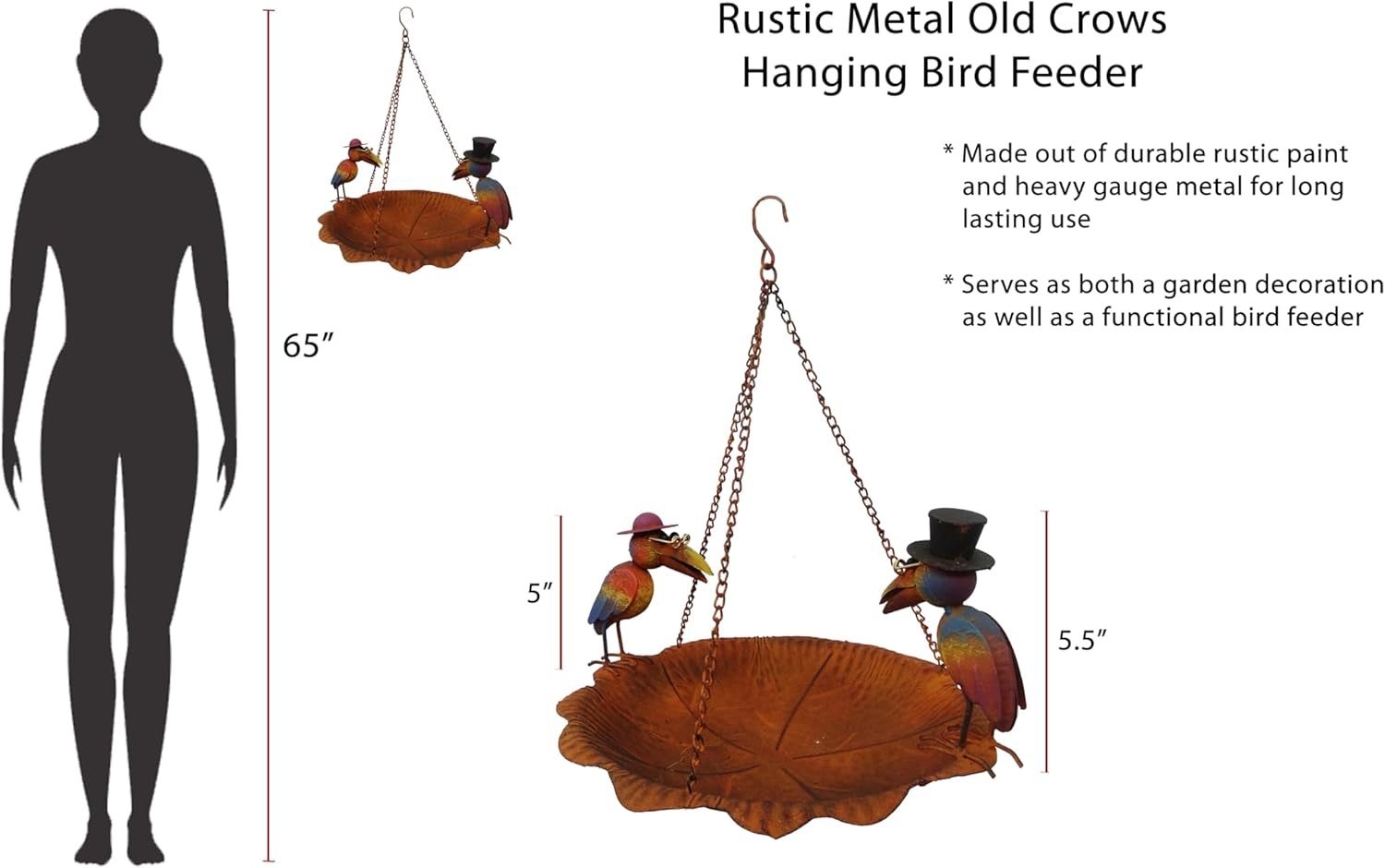 Continental Art Center Rustic Metal Hanging Bird Feeder with Two Old Crows Stand On The Plate