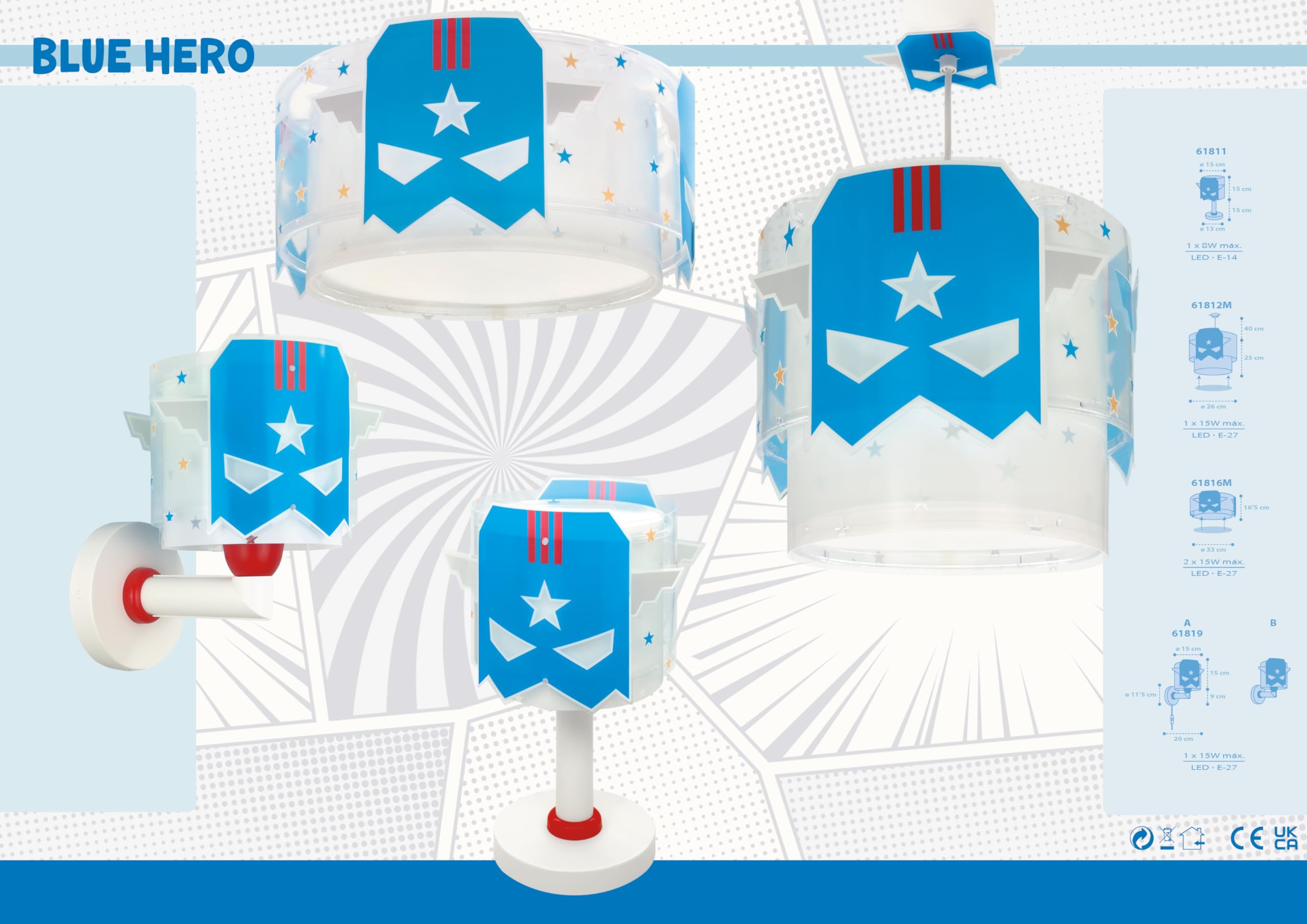 Dalber Lámpara Aplique Pared Infantil Blue Hero | Lámpara aplique de pared con instalación directa a la corriente o mediante cable con interruptor incluido.