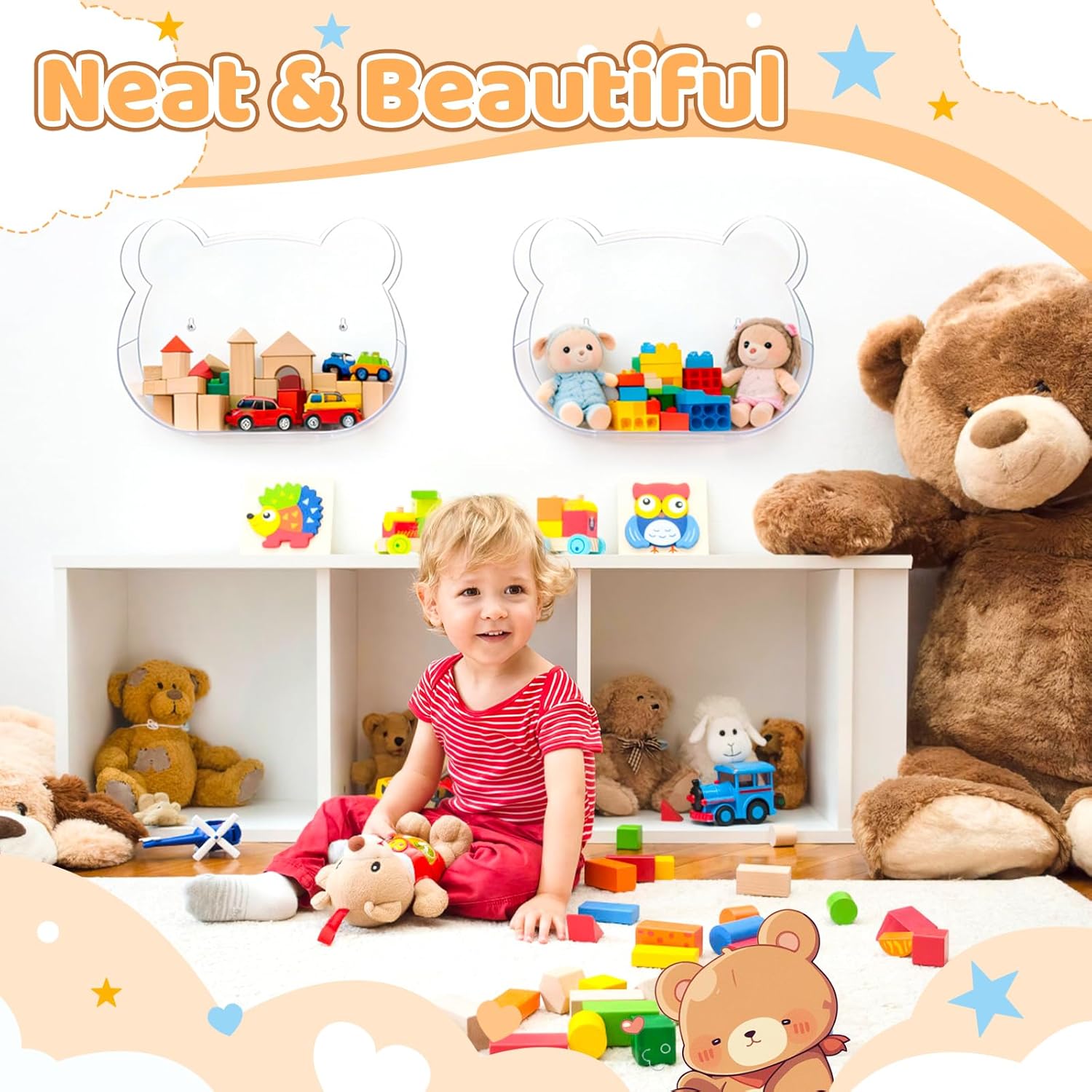 2 Pack Acrylic Wall Organizer, Acrylic Toy Dispenser for Wall, Bear Shape Toy Storage Display with Back Panel Hanging Clear Holder for Blocks, Snacks, Cars