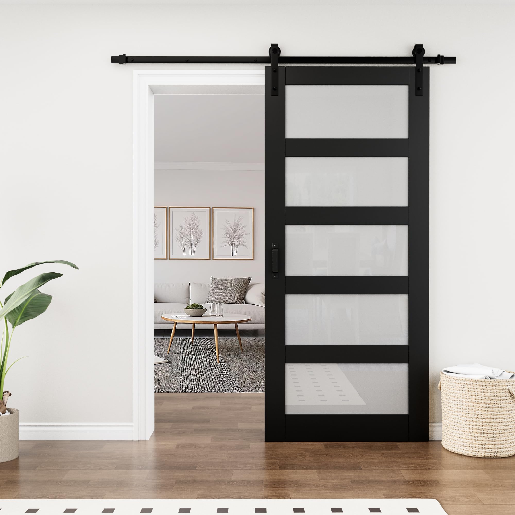 5-Lite Frosted Glass Paneled Black Barn Door, 36" x 84"