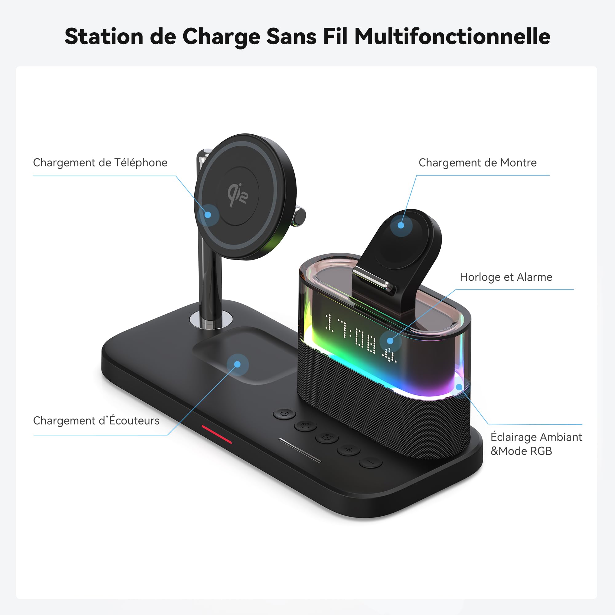 Chargeur Induction 3 en 1 Qi2 Magnétique 15W pour iPhone 17/16/15 Pro Max, AirPods 4/3/2/Pro et Apple Watch S10/9/8, Station de Charge Rapide sans Fil avec Réveil et Lumière RGB