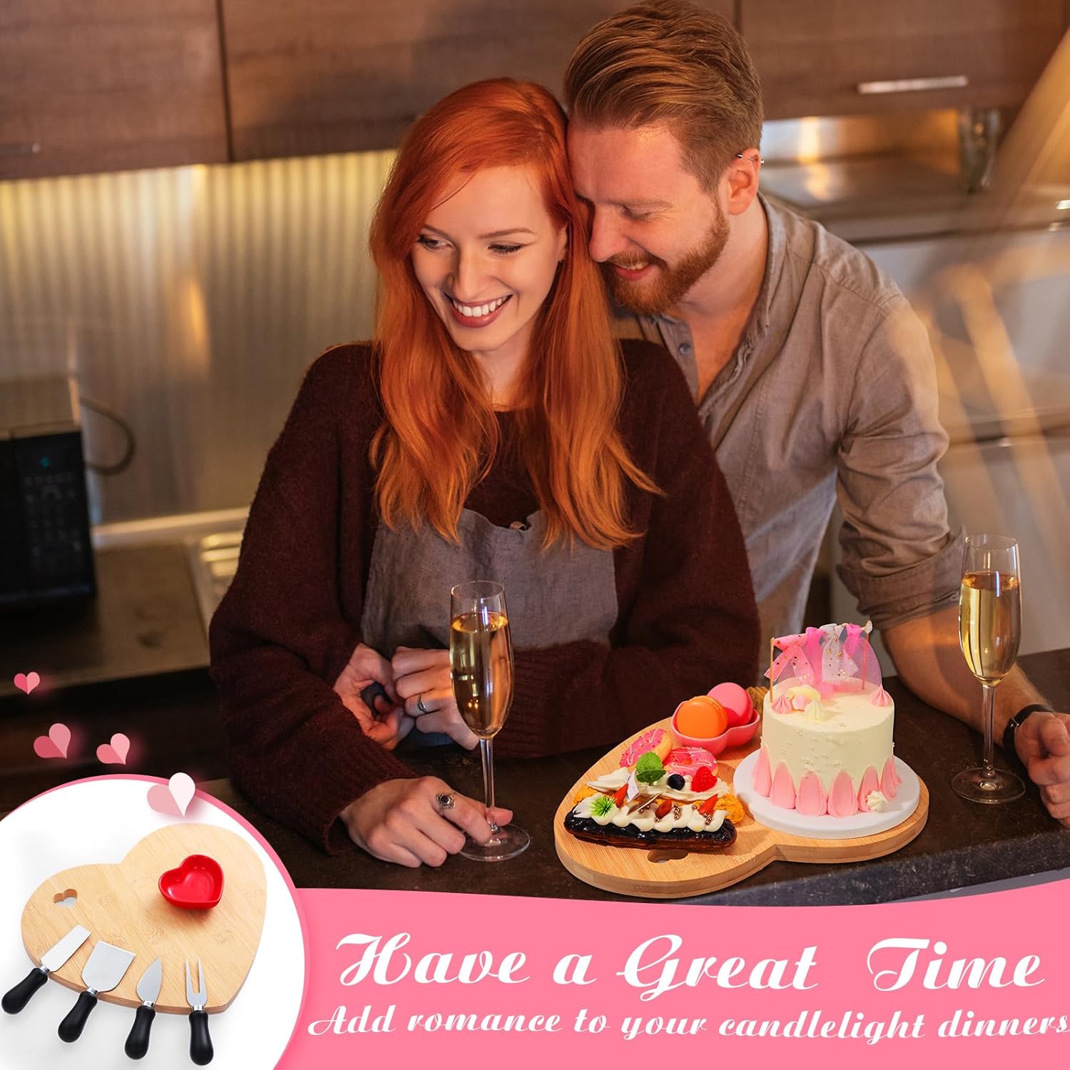 Maxcheck 9 Pcs Valentine Heart Shaped Charcuterie Board and Serving Set Including Bamboo Cutting Board Heart Ceramic Bowls Dishes 4 Pcs Cheese Knives and Spoon Fork for Wedding Party(Red, Black) - Image 2