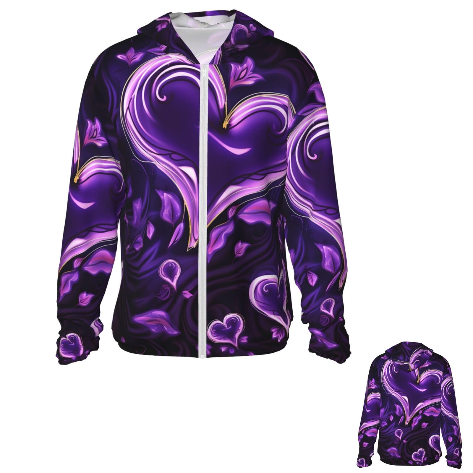 Men's Sun Protection Jacket UPF 50+ Full Zipper Long Sleeve UV Hoodie Shirt Purple love Women's Outdoor Jacket