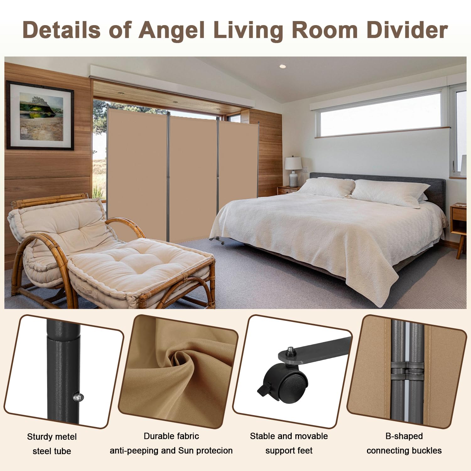 Angel Living Paravent sur roulettes, 3 Panneaux Diviseurs de Chambre Séparateur de Panneaux Indépendant Paroi de Séparation Murale Séparation Visuelle pour Bureaux, 243 x 180 cm (Beige Moka)
