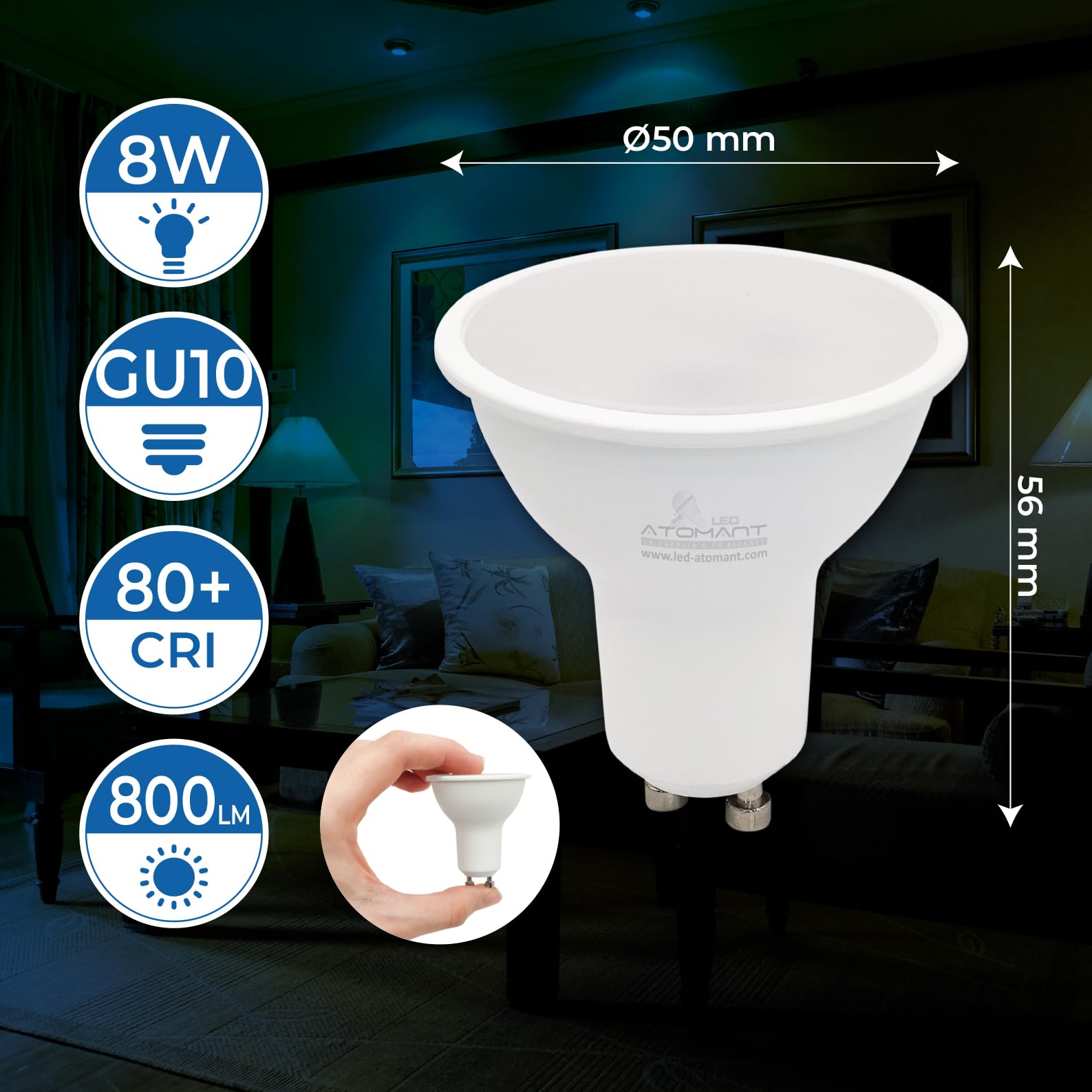LED ATOMANT Pack 20x Bombilla LED GU10 8W, Color Blanco Frio (6500K), 800 Lumenes, Equivalente a 80W tradicional