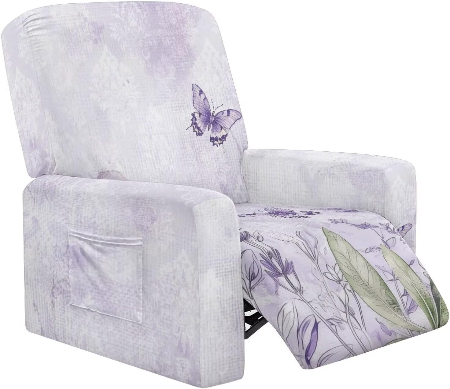 FOR U DESIGNS Lavender Purple Butterfly Recliner Chair Covers 4-Piece Set Stretch Non Slip Convenient Pockets for Storage Washable Against Stains and Pet Hair on Reclining Furniture
