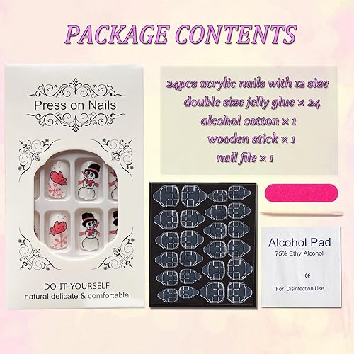 Miniatura 6 de Uñas postizas a presión de Navidad, cuadradas, medianas, diseños de muñeco de nieve y guantes, puntas de uñas postizas de cobertura completa, uñas