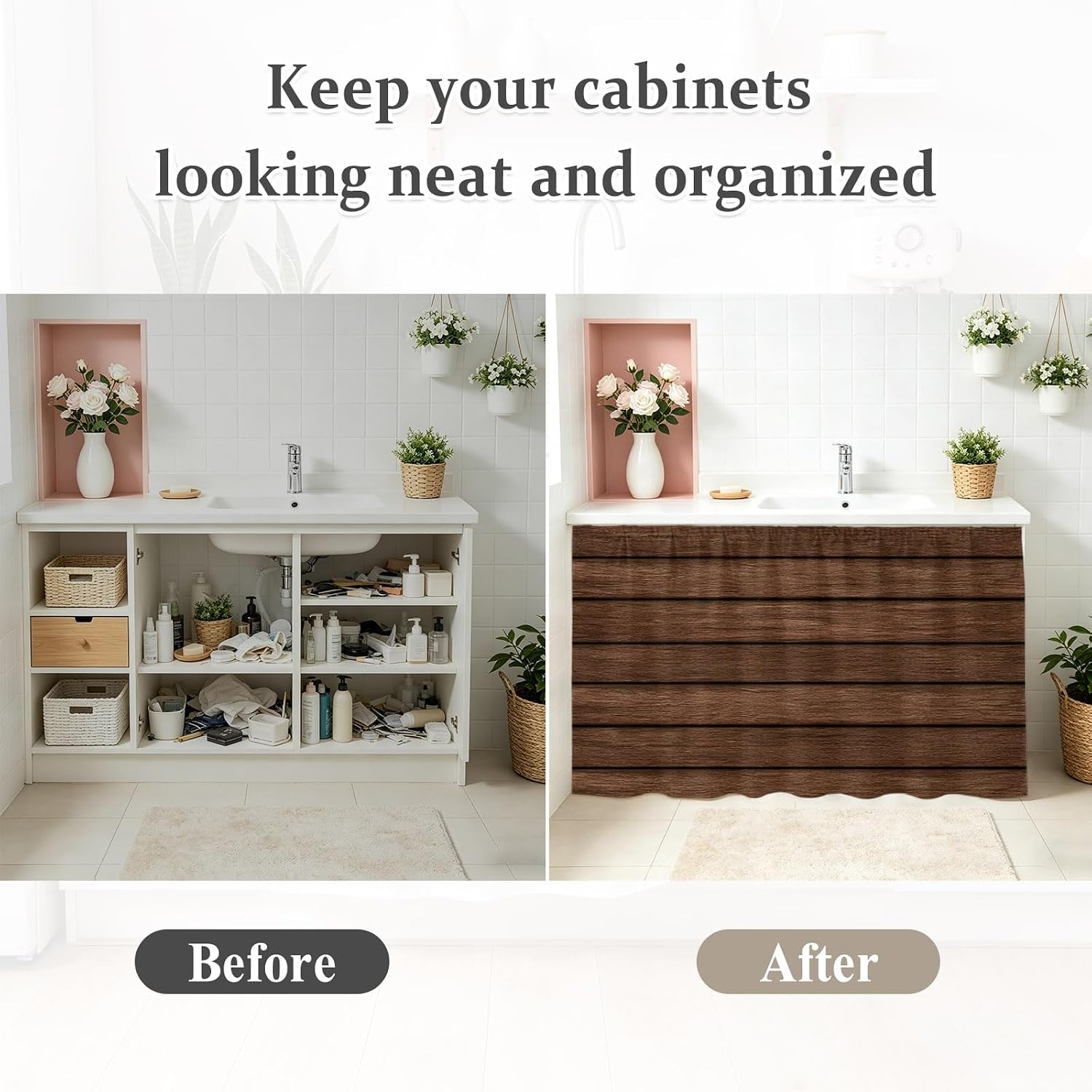 Dark Brown Wooden Cabinet Curtains 27.6"W x 35.4"L,Dustproof Sink Skirt Curtain for Kitchen Bathroom,Vintage Western Country Wooden Board Adhesive Desk Skirt Short Curtains for Laundry Room Closet