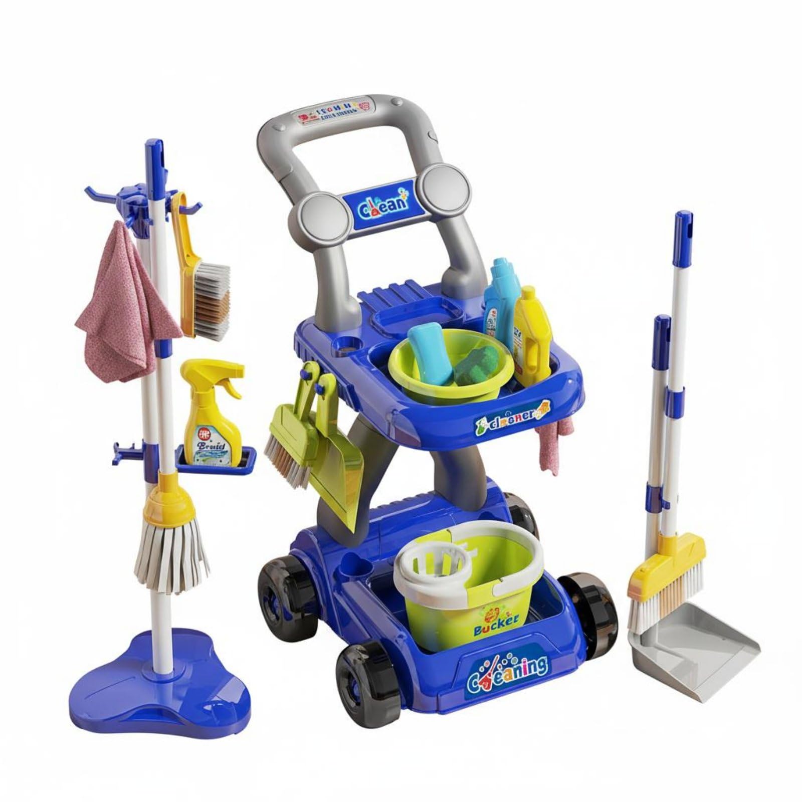 Children Cleaning Playset Set de Aseo Infantil Juguete Educativo Escoba Trapeador Recogedor Plástico con Base de Guardado Herramientas a Tamaño , Azul , SetTrolley18pzs