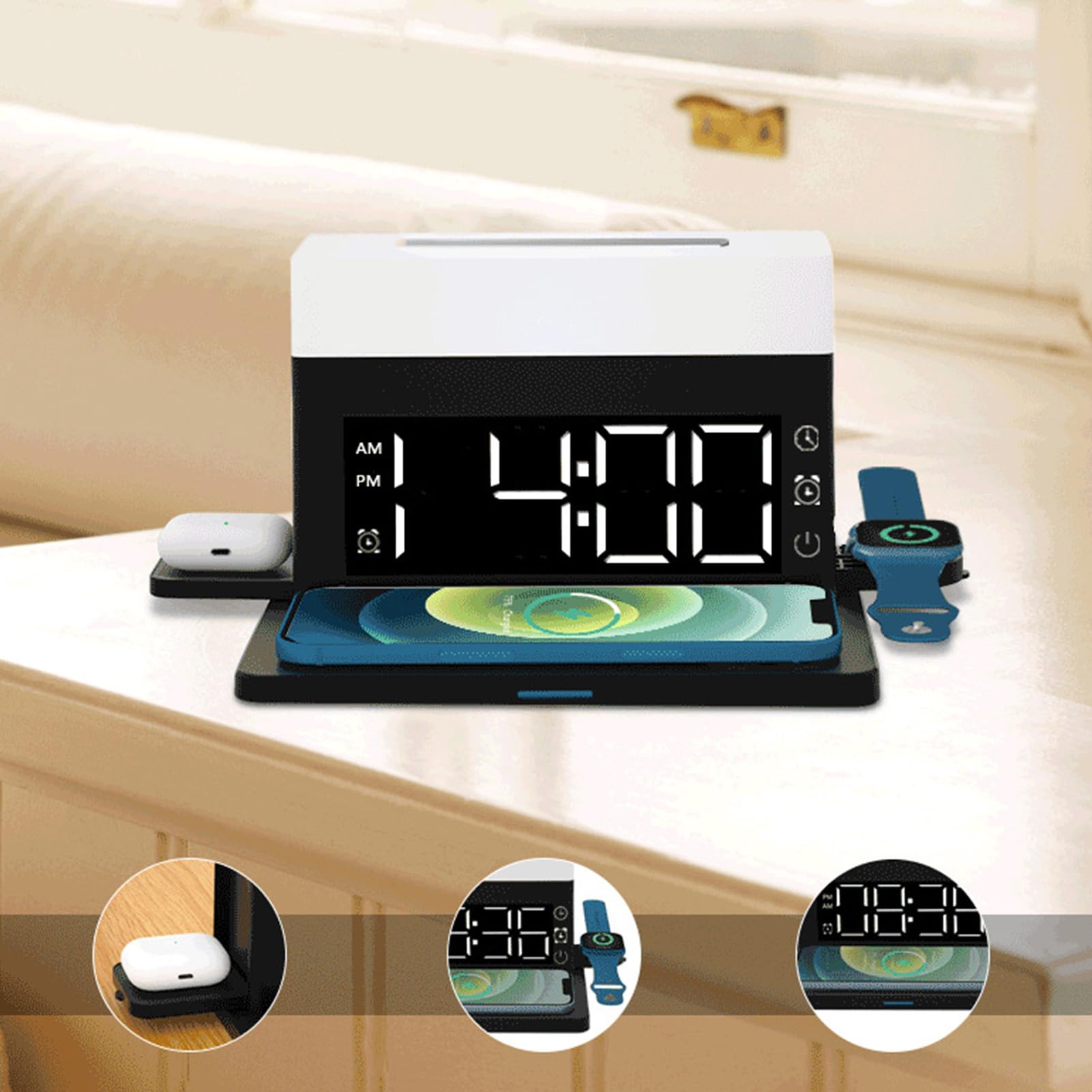Cargador Inalámbrico Multifuncional con Brillo Ajustable y Control Táctil para el Hogar y la Oficina, Carga Rápida de 15 W para Dispositivos iOS (Negra)