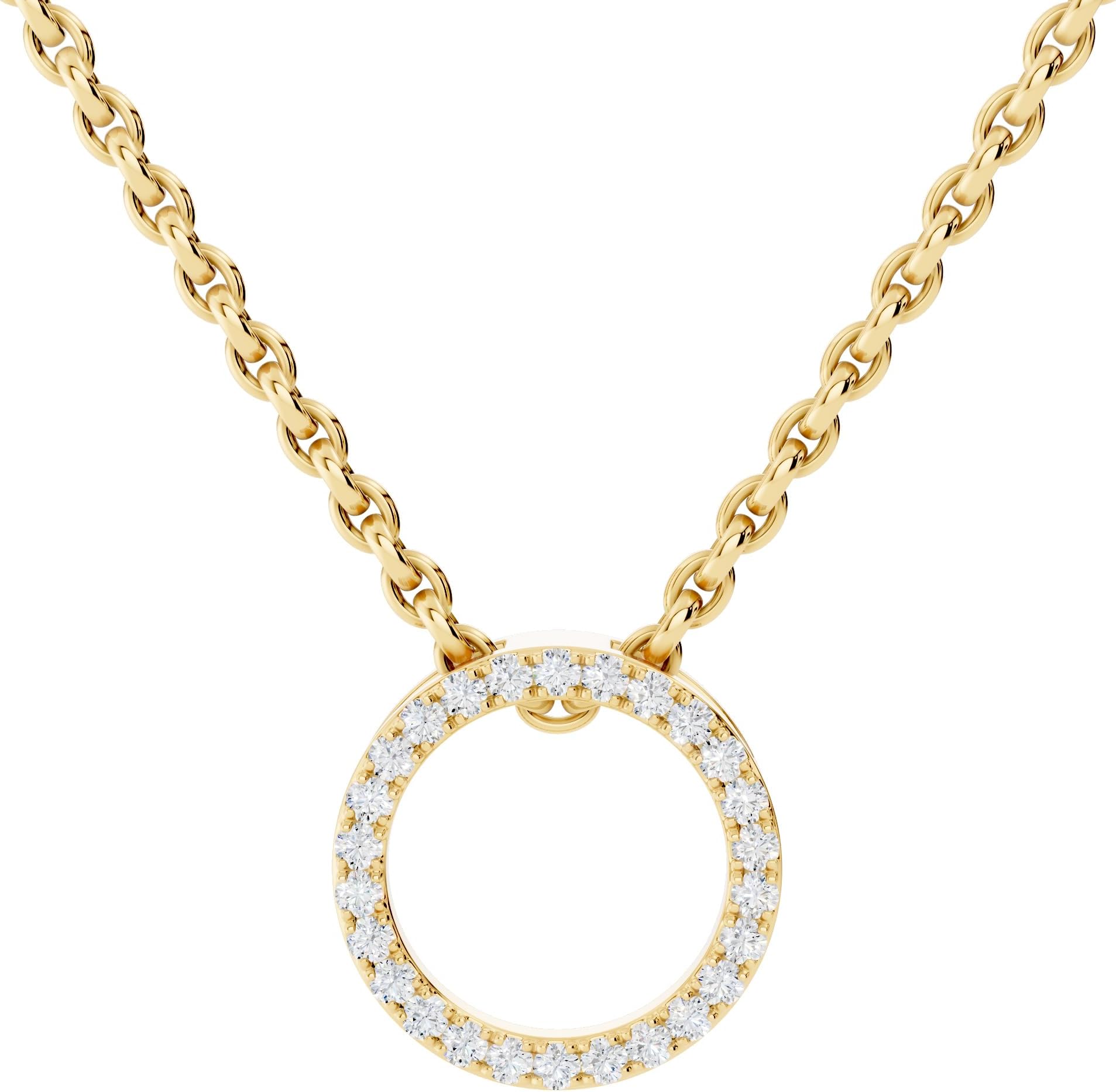 0.10 Ctw Round White Natural Diamond Circle Pendant Necklace with 18 inch Gold Chain in 14K Yellow Real Solid Gold