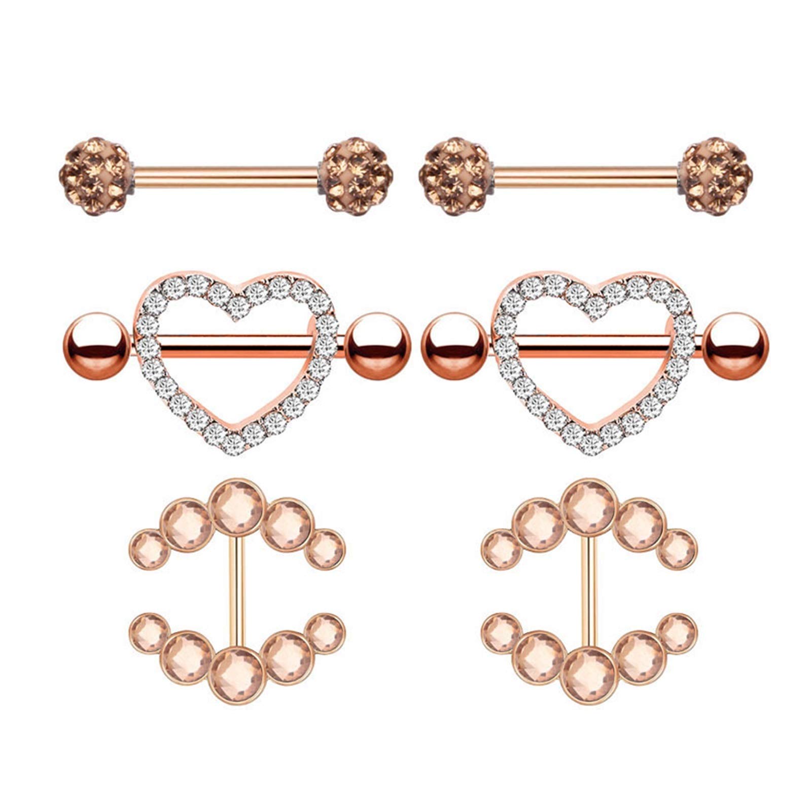 Lot De 6 Paires De Piercings Pour Téton - Acier Inoxydable 14G - Cœur, CZ, Perles - 16 Mm - 2