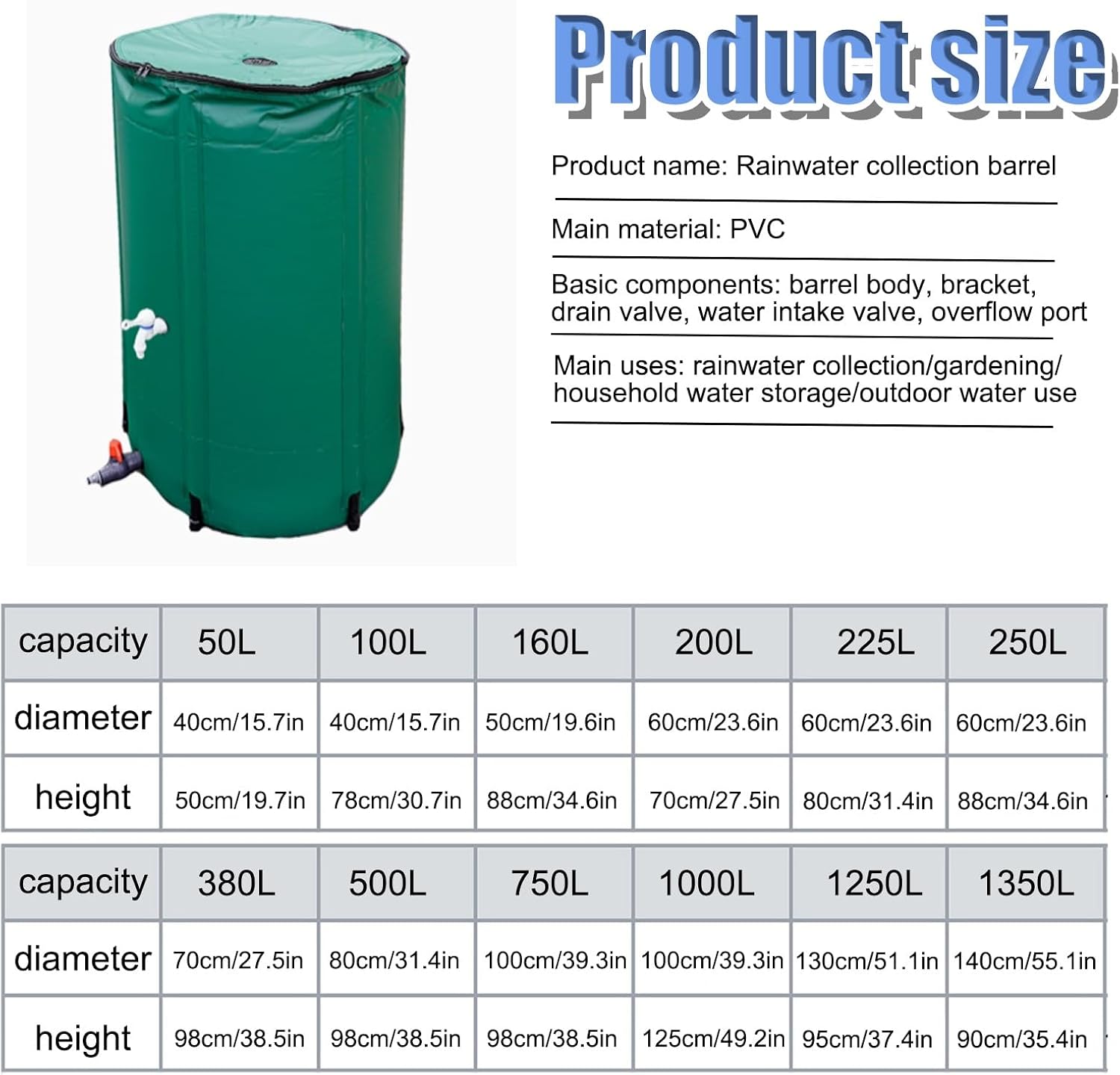 Rain Barrel Water Collector – Outdoor Water Storage Garden Rainwater Tank with Portable Spigot & Overflow Kit(50L)