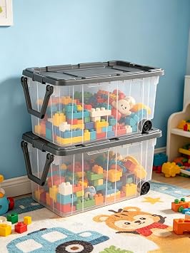 160 Quart Wheeled Stacker, Extra Large Durable Clear Bin, Latch Lid and Pull Handle, Gray, 2 Count