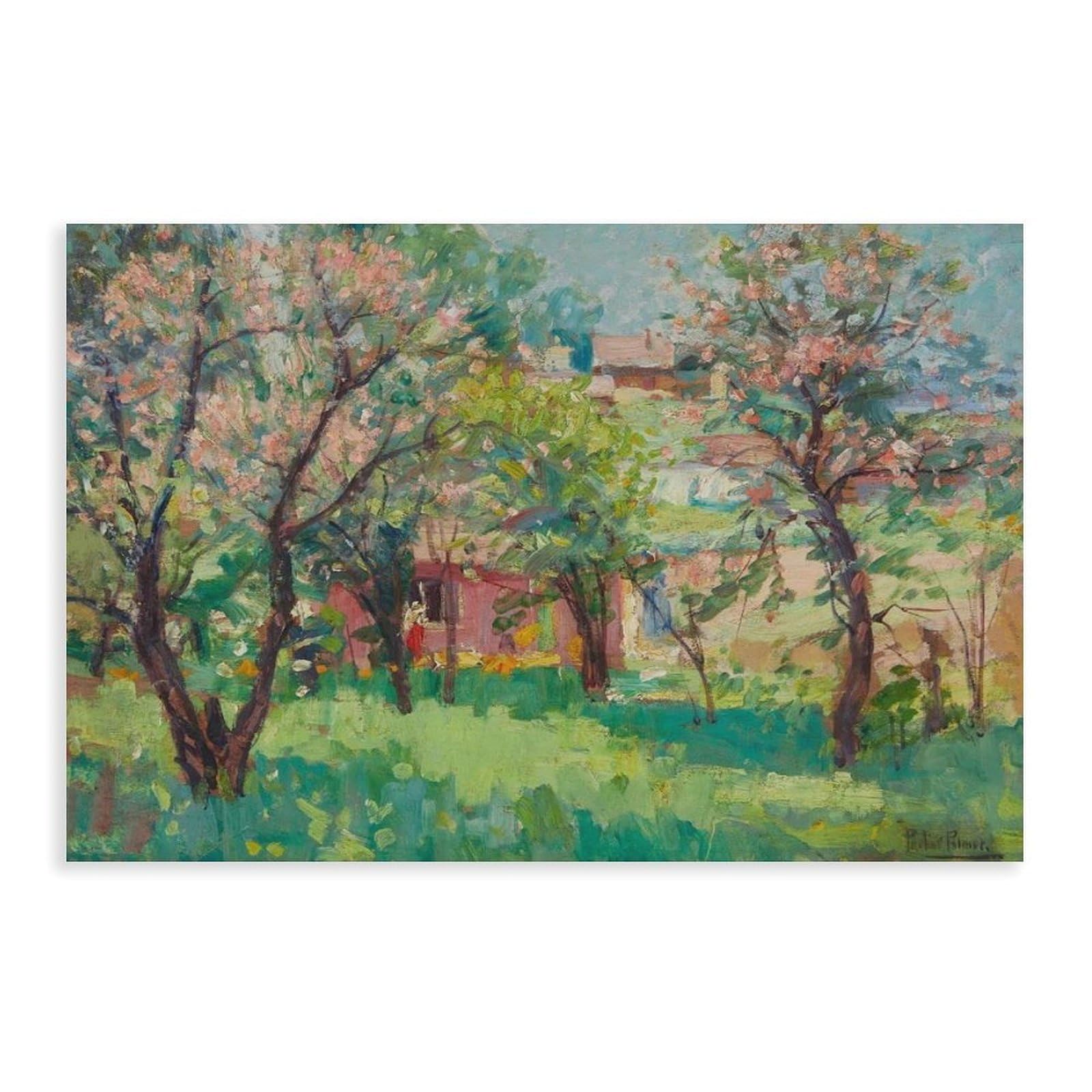 F I N U C B Orchard in Springtime autorstwa Pauline Lennards Palmer – Vintage Landscape Fine, wiosenna scena sadu, impresjonistyczne plakaty ogrodowe wydruki na płótnie farba dekoracyjna