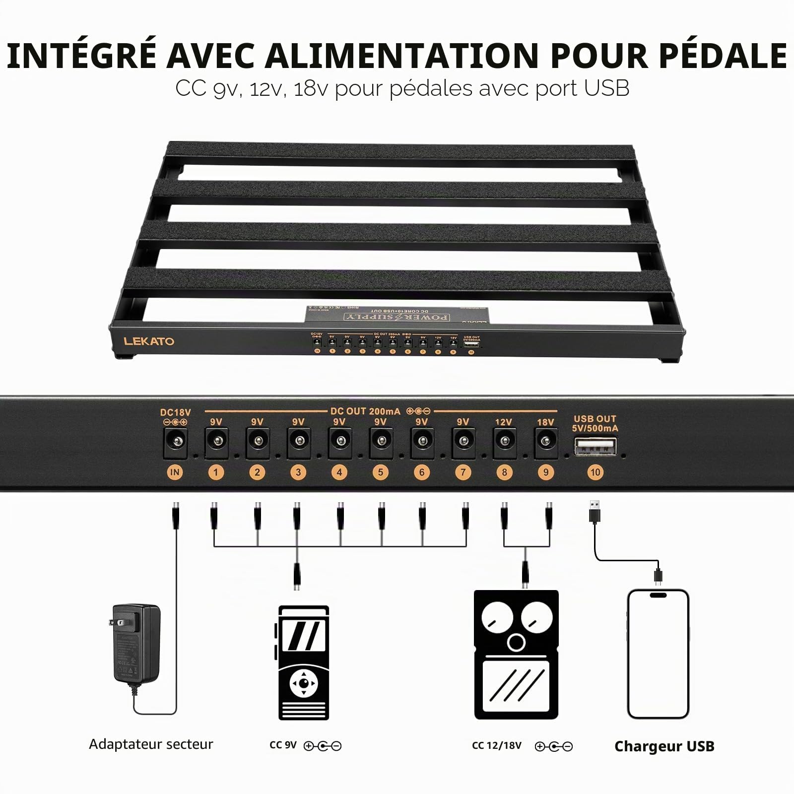 LEKATO Pedal Board avec alimentation intégrée, 19,1 * 12,2 * 1,8 pouces Pedalboard à grand effet, ensemble de PedalBoard en alliage d'aluminium avec sac de transport, câbles de pédale