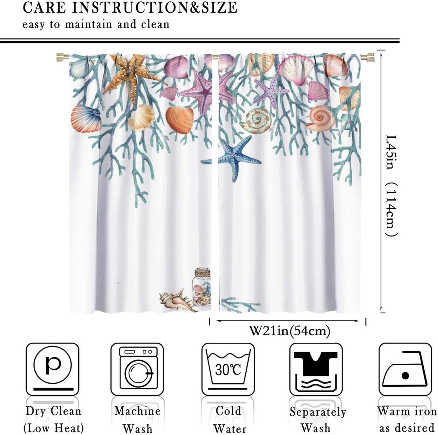 Rustic Nautical Starfish Blackout Curtains for Living Room,Beautiful Coral Starfish Conch Seashell Leaves Room Darkening Window Curtains with Rod Pocket - 2 Panels 45" L x 21" W