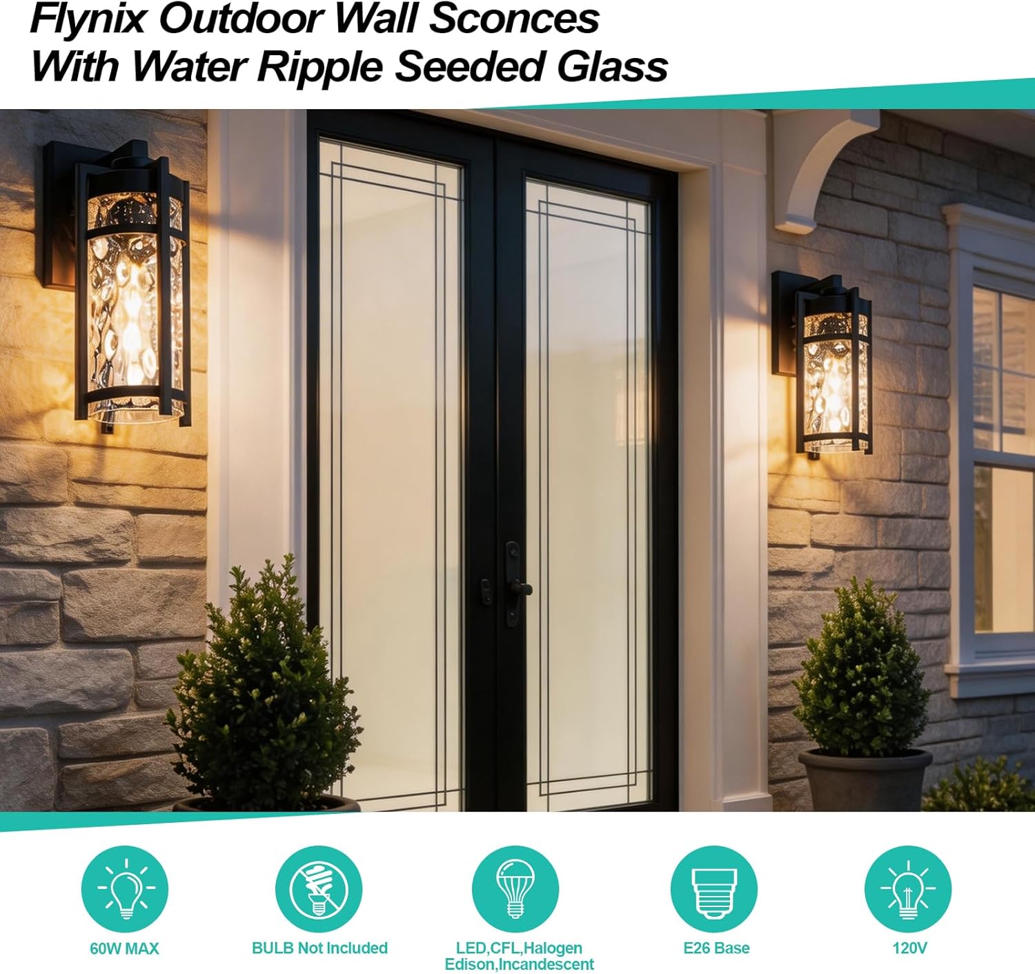 Outdoor Wall Light Fixtures, Waterproof Front Porch Light, Modern Exterior Lighting with E26 Socket, Wall Sconce Lantern Lamp, Black Outside Light for Front Door, House, Garage, Patio (2 Pack)