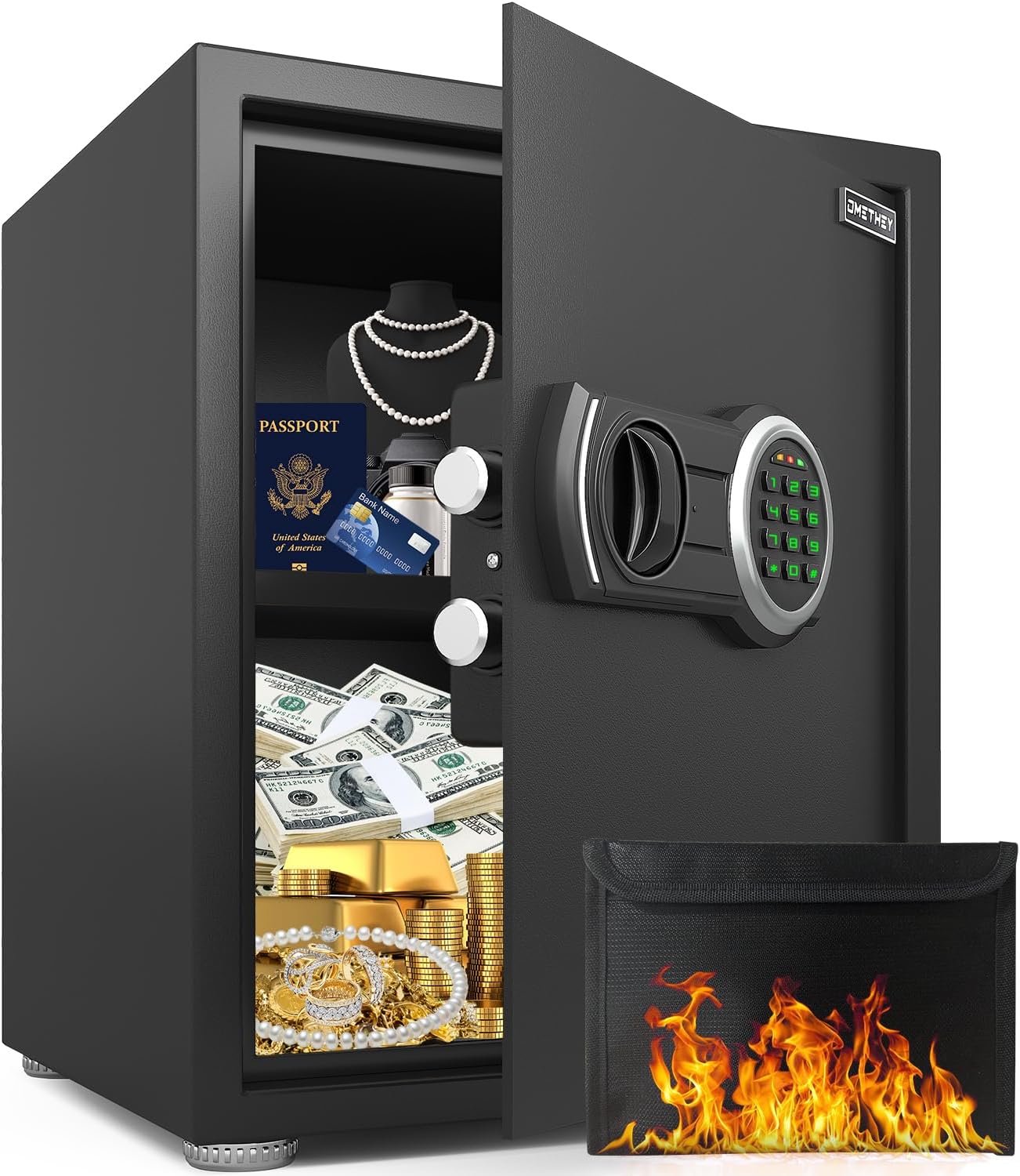 Safe Box with Fireproof Waterproof Bag, 1.8 Cub Safe with Backlit Digital Keypad and Mute Function, Money Safe with LED Light & Removable Shelf, Security Safe for Home, Office and Hotel 1.8 Cubic Feet