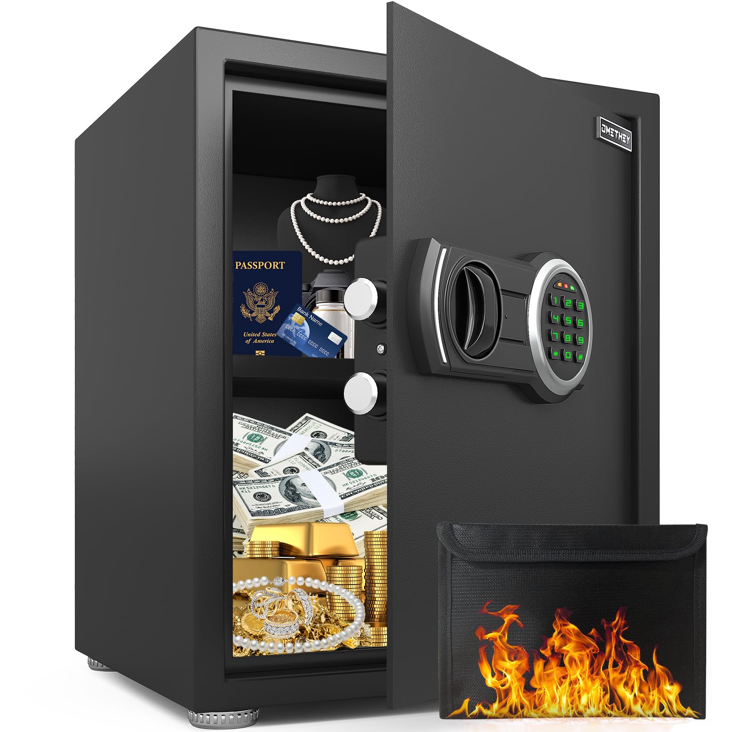 Fireproof Safe, Omethey 2.0 Cub Safe Box with Fireproof Waterproof Bag, Fire Safe with Backlit Digital Keypad and Mute Function, Money Safe with Removable Shelf & LED Light for Home, Office and Hotel