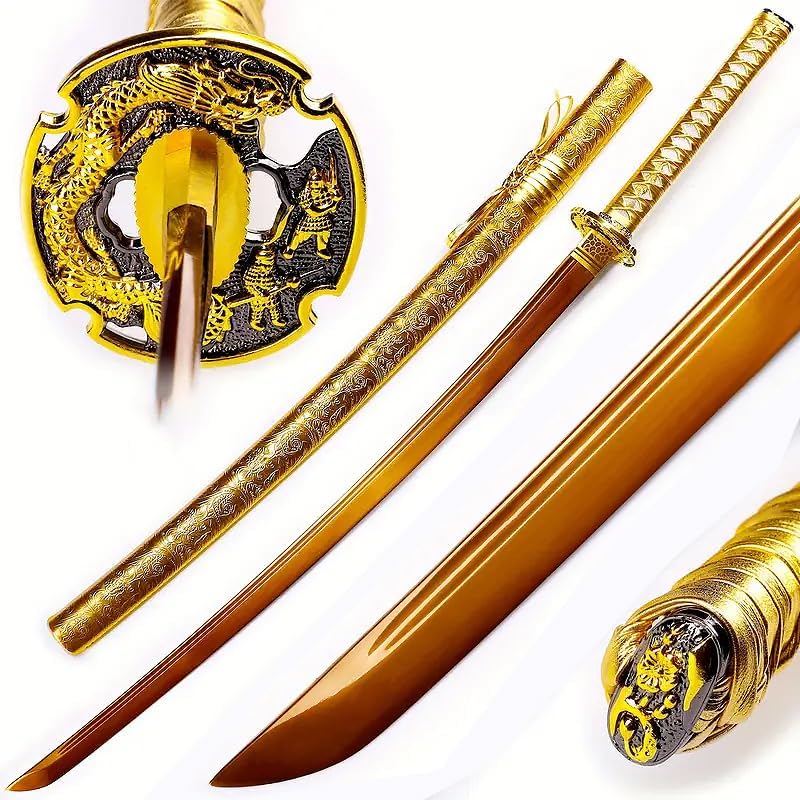 Miniatura 4 de Katana de dragón de oro hecha a mano de acero de alto carbono, espada samurái japonesa de espiga completa, espada realmente afilada lista