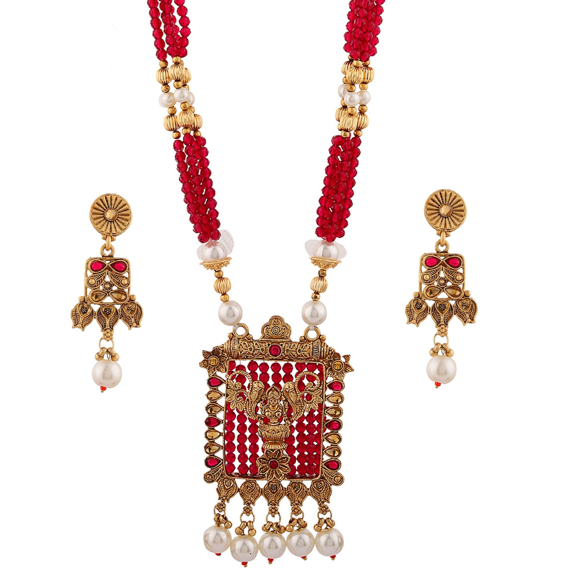 Mansiyaorange Rani Pink Matte Gold Temple Theme Maa Lakshmi Motif Chain Pendant With Earrings Necklace Jewellery Set For Women (B0D6LKJX5G) Amazon Price History, Amazon Price Tracker
