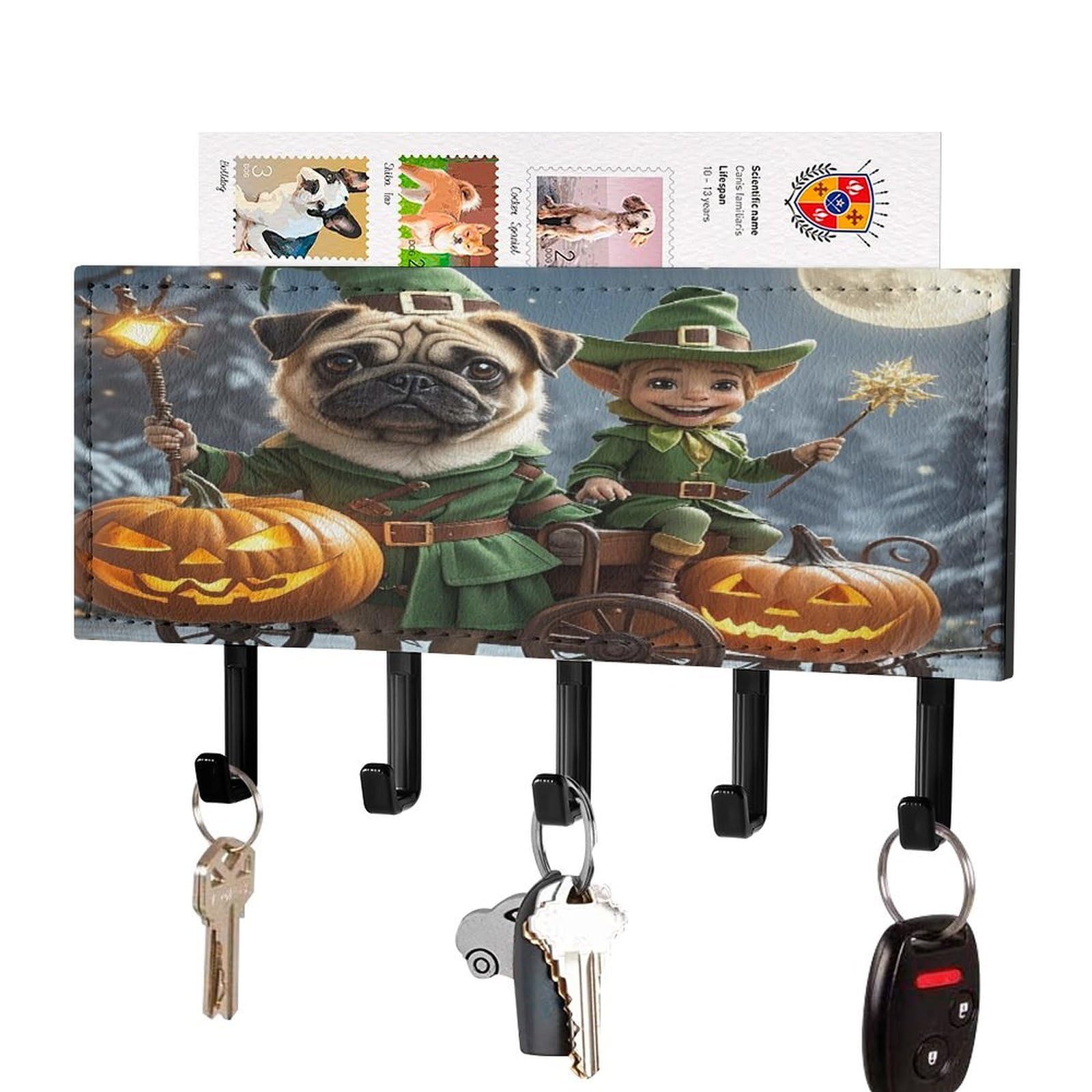 FekiLoot Dog Holding Pumpkin Lantern Key Holder for Wall Decorative Mail Organizer with 5 Key Hook Self Adhesive Key Rack with Tray Coat Rack Wall Mount Key Hanger Decor for Entryway Door