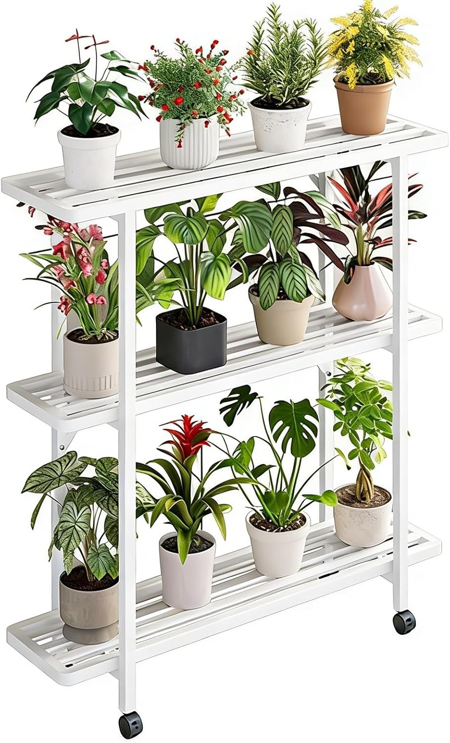 plant-racks 2/3 Tier Flower Stand With Wheels, Metal Plant Shelf For Indoor Outdoor Balcony Living Room Office Garden, Movable Flower Pot Holder Rack(White,120*28*107cm)
