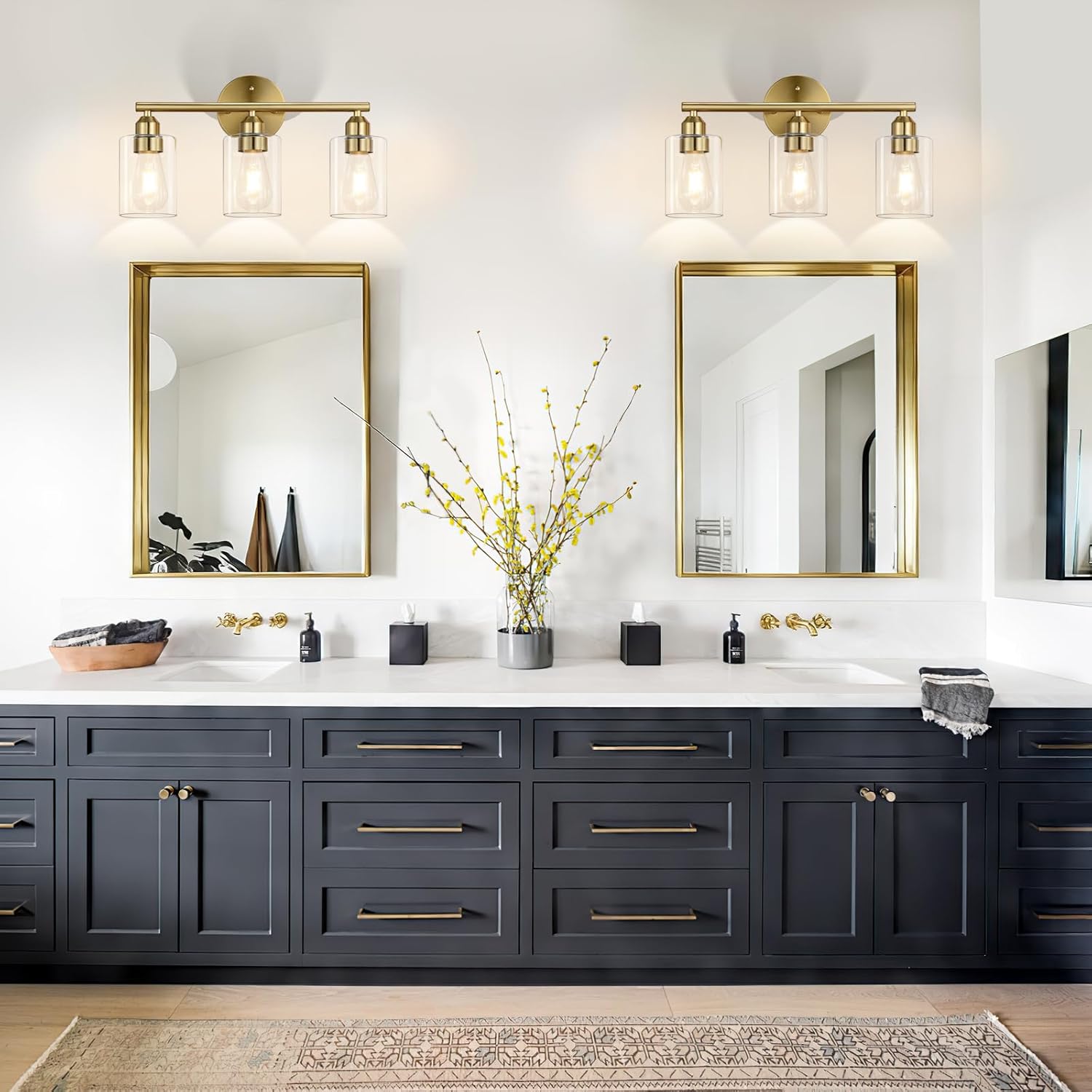 17.3'' Bathroom Gold Vanity Light Fixtures, Modern Wall Lamp for Mirror with Clear Glass Shade, 3-Light