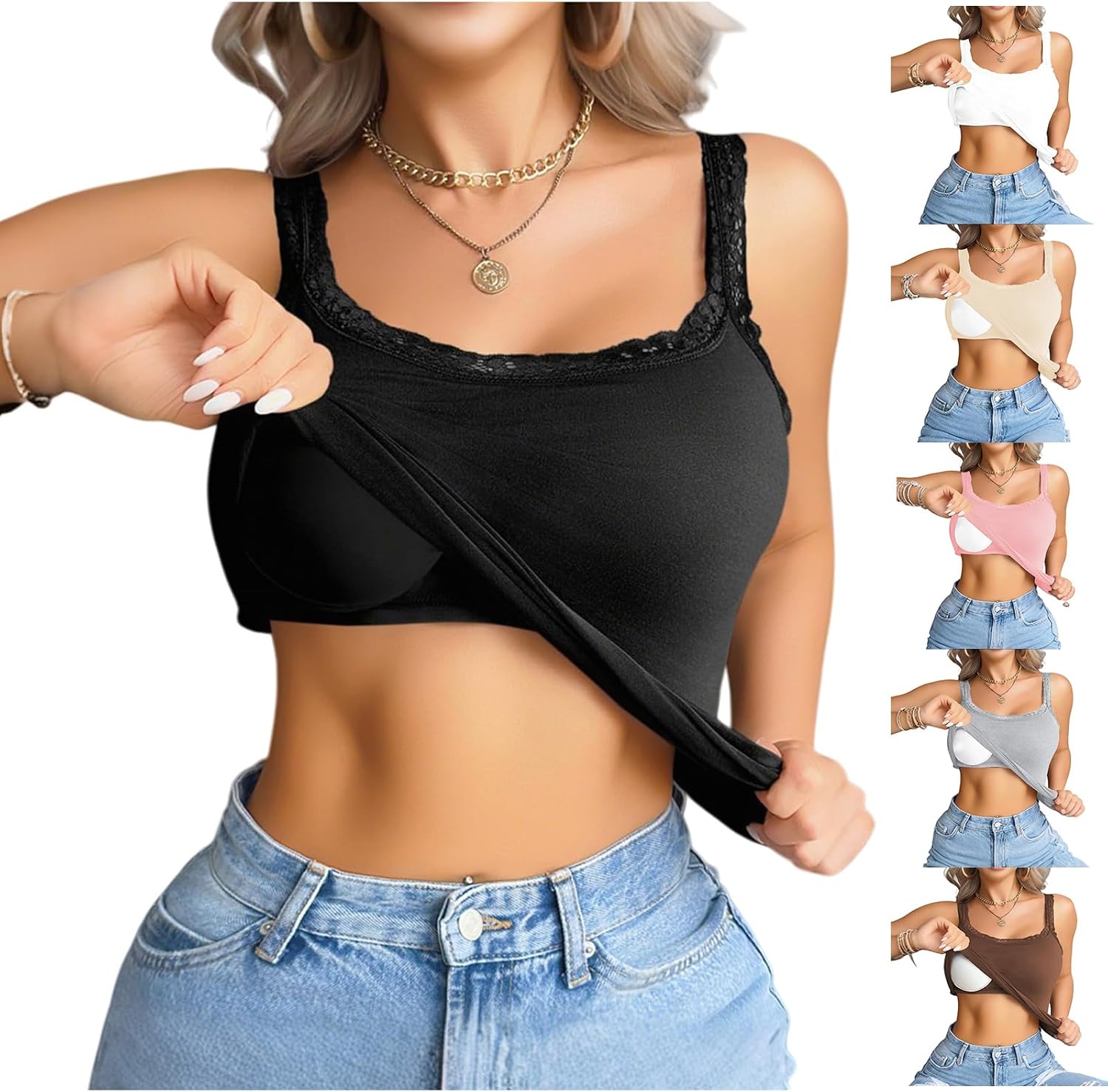 Womens Tank Tops with Built in Bra Lace Trim Spaghetti Strap Camisole Padded Sleeveless Cami Summer Cute Outfits 2026