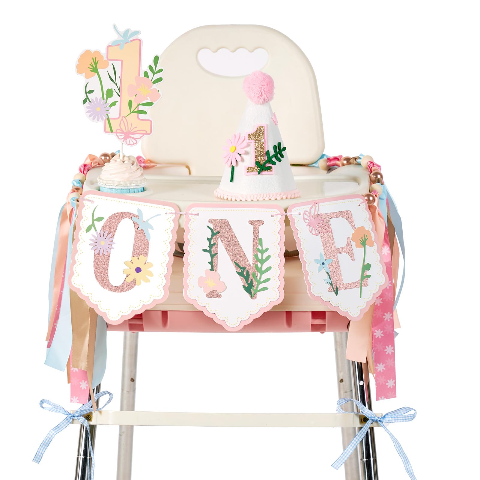 Photo 1 of OBBOLO Girl 1st Birthday Decorations, Floral High Chair Banner with 1st Birthday Cake Topper and Birthday Hat, Flower Themed First Birthday Party Supplies