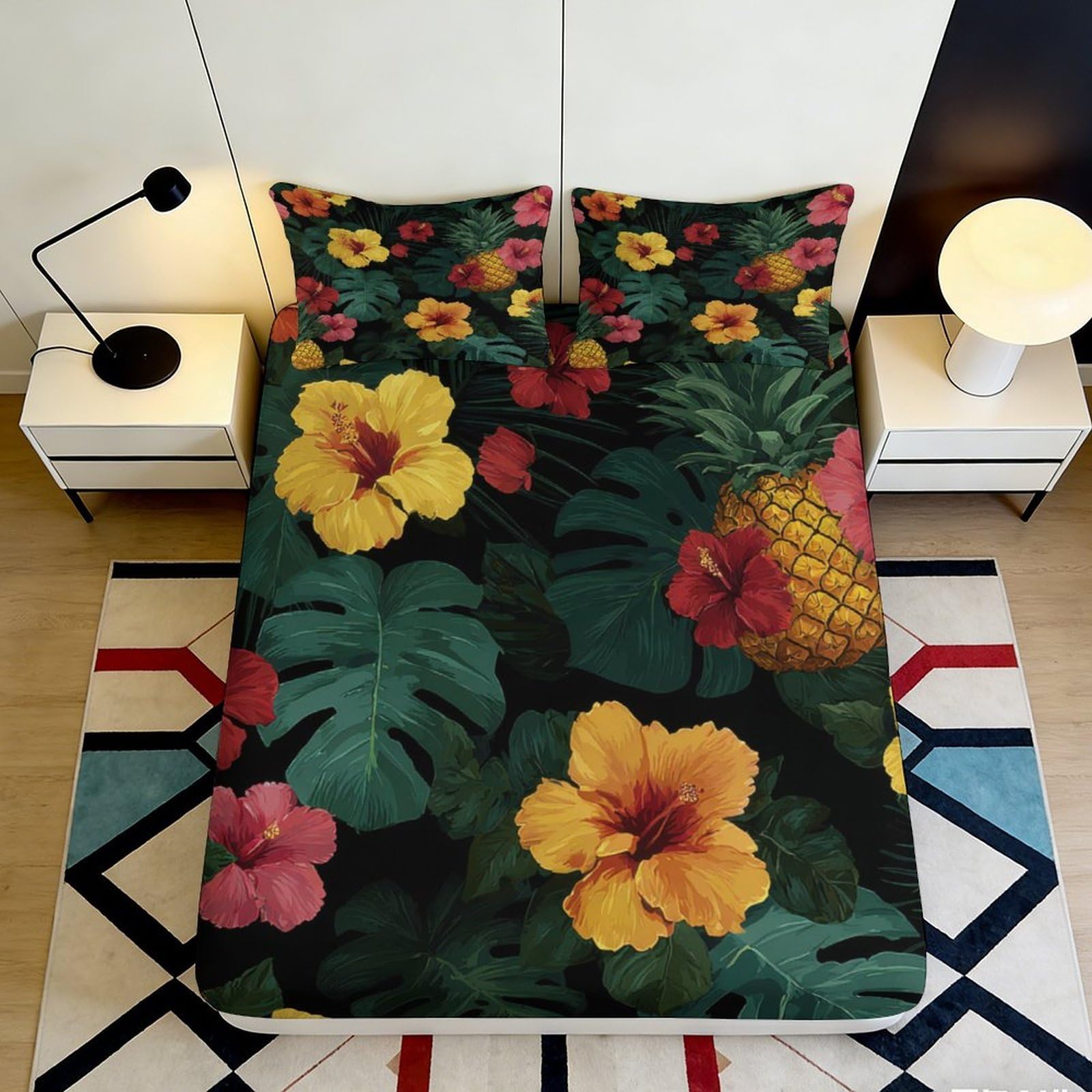 Dhbaneiok Style-2 3D Printed Tropical Hibiscus Fitted Sheet Microfiber Floral Pineapple Mattress Cover For Bedroom Guest Room Easy Care 90X200x25cm