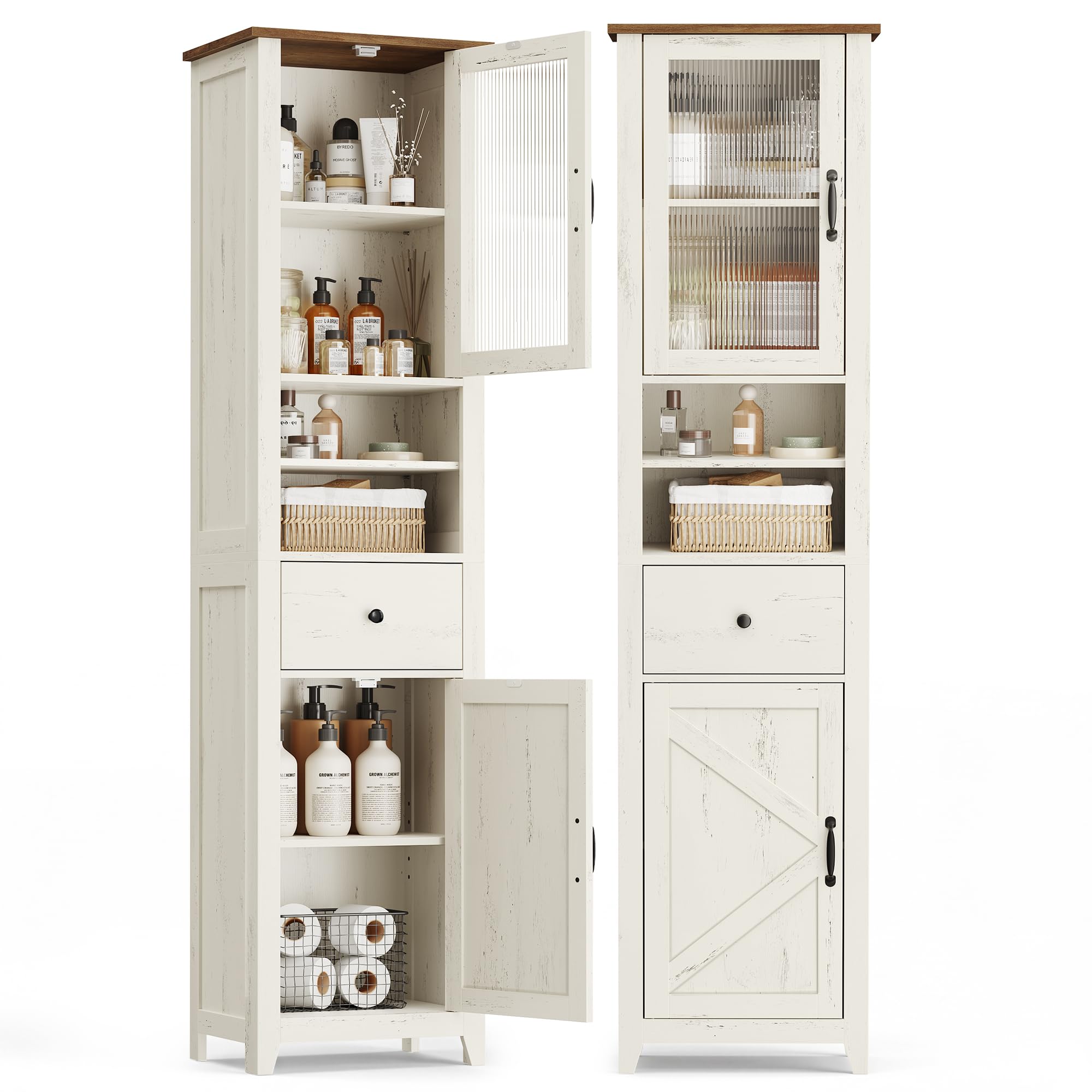 VASAGLE LIRY Collection - Armoire Salle de Bain Style Campagne, Meuble de Rangement Mince, Compartiments Ouverts, 1 Tiroir, avec Portes, Blanc Rustique et Marron Miel, 31,5 x 40 x 171 cm BBK760W101