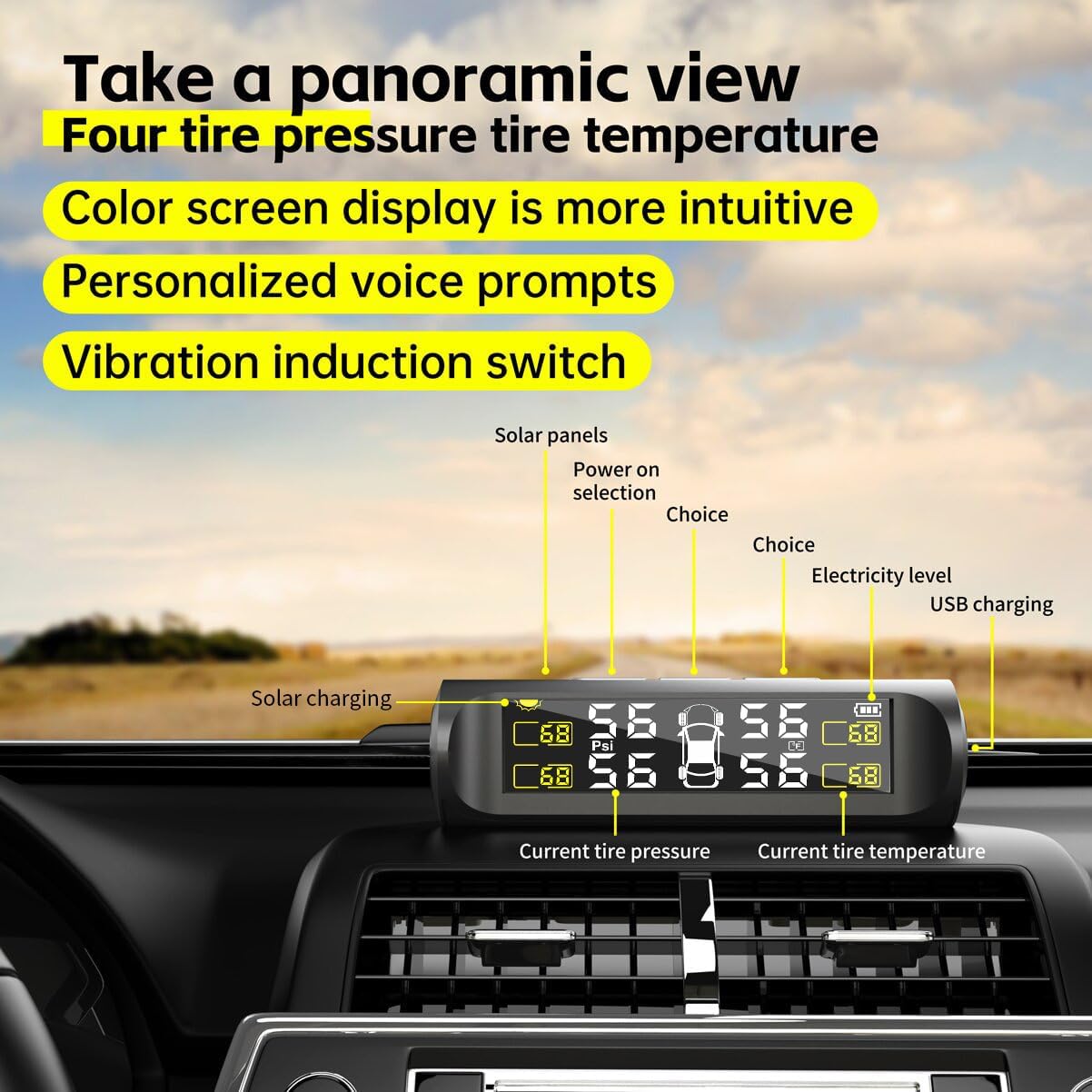 Solar Power Car Tire Pressure Monitoring Tool System, Real-time Monitoring Pressure and Temperature, TPMS with 4 Sensors & 5 Alarm Modes, Auto Sleep Mode, Easy to Install (2)