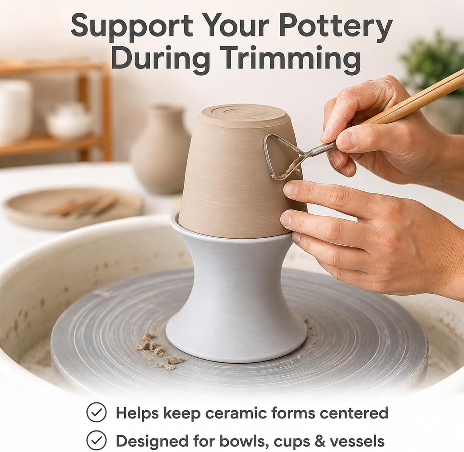 Pottery Wheel Trimming Chuck, Clay Centering Support Tool for Bottle Neck Trimming and Vessel Shaping, Stable Ceramic Holder for Wheel Throwing and Studio Use、Medium