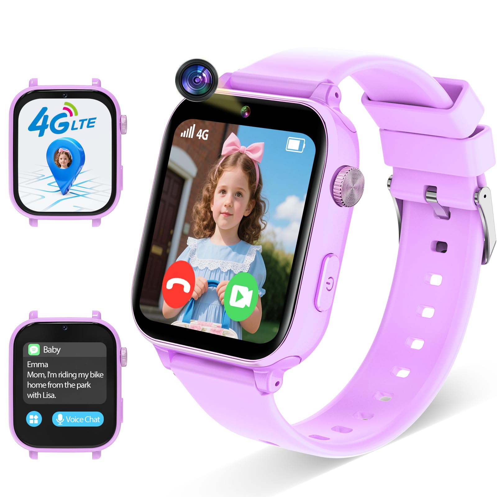 Smart Watch Child 4G, Smartwatch Children with GPS, WiFi, Video Calls, Voice Chat, SOS, Class Mode, WiFi, Games, Camera, Children's Watch Gift for Girls Boys 4-12 Years Old Gift (Purple)