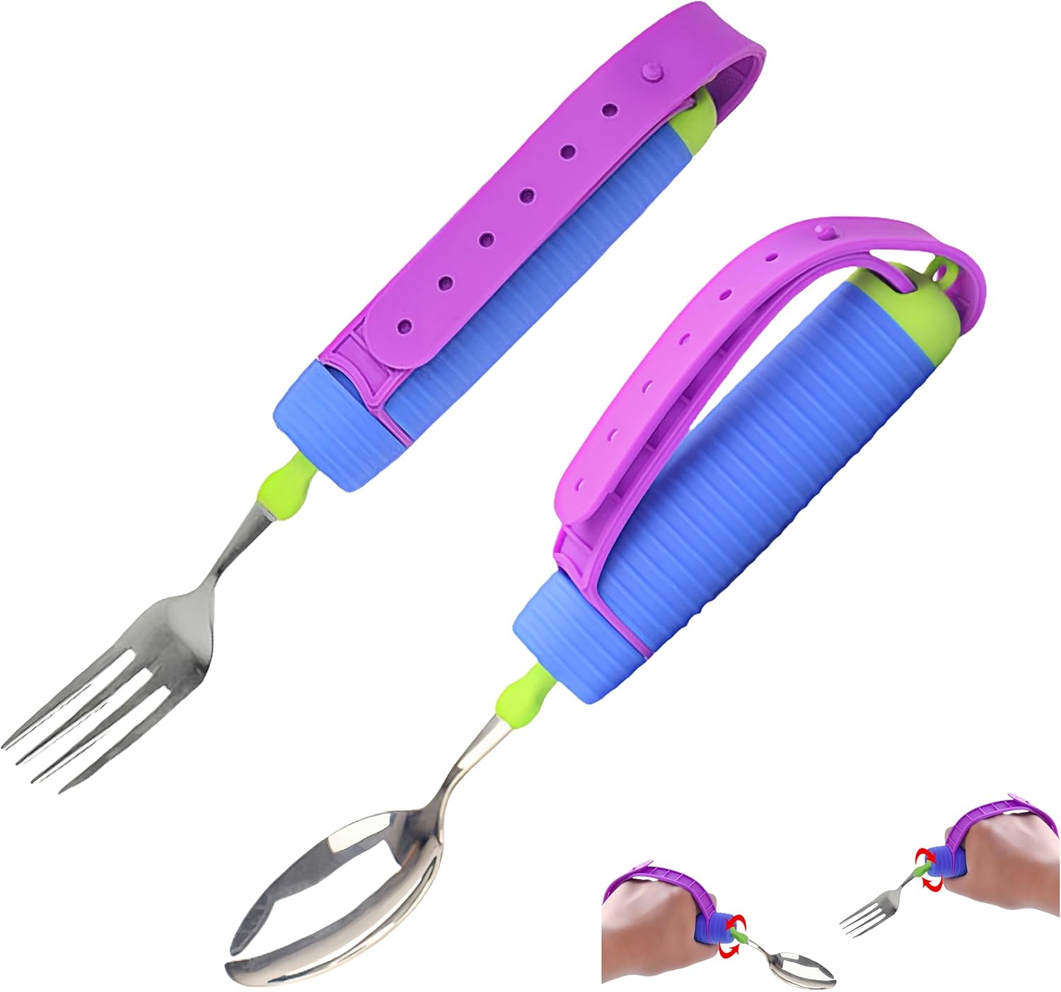 Bendable Adaptive Utensils Spoons Forks Set,Left and Right Handed, for Hand Tremors & Muscle Weakness,Arthritis,Stroke,Parkinson,360 Degree Rotation Weighted Rubber Strap,Eating & Drinking Aids