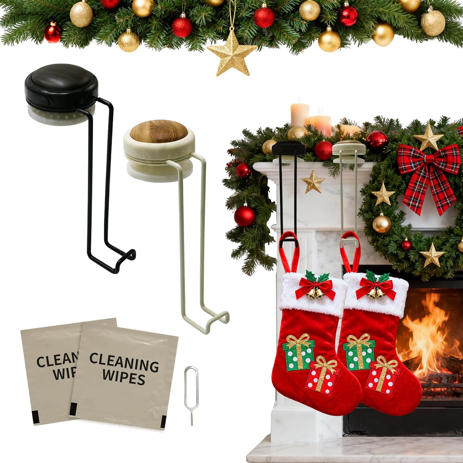 2 Pack Christmas Fireplace Stocking and Garland Hanger,Mantle Garland Holder for Hanging Christmas Stockings (Black Walnut*1PCS+Wood Tone*1PCS, M)