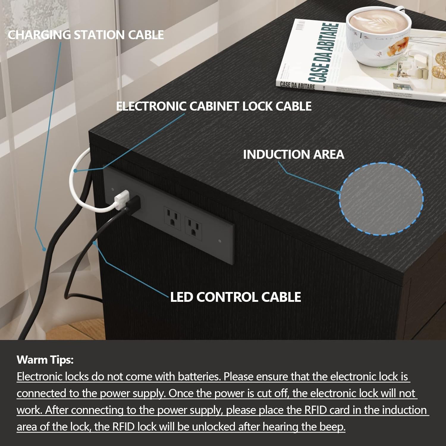 Auromie Set of 2 Nightstand with Charging Station and LED Lights, Bedside Table with Hidden Compartment for Valuables Storage, Concealment Furniture with Lock Cabinet and Power Outlets(Black- 2pcs)