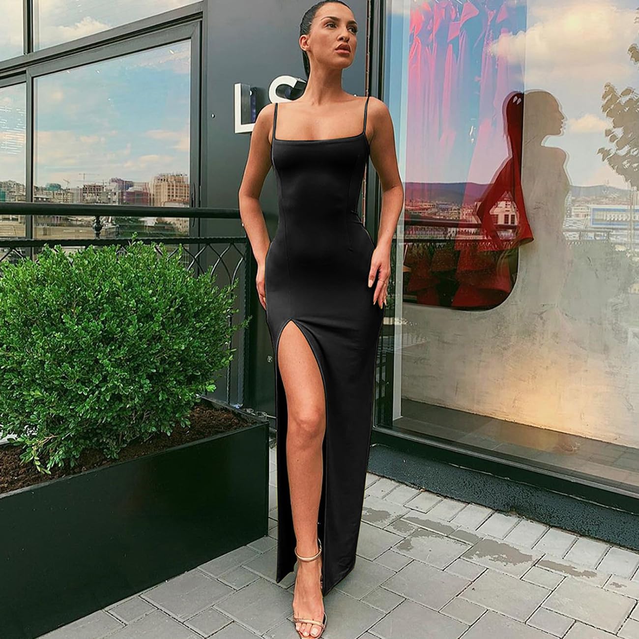 Vestito Donna Spaghetti Strap Bodycon Vestito Estivo Abito da Cocktail Sexy Senza Maniche Lungo Vestito con Spacco Abito Aderente Festa