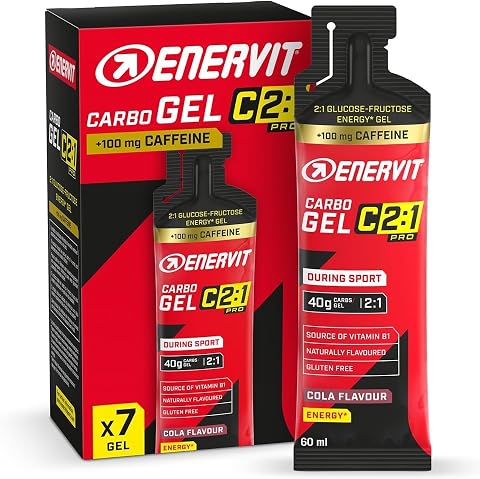 Enervit, Carbo Gel C2:1PRO con Caffeina, Gel Energetico, 40g di Carboidrati, Per Attività ad Alta Intensità, +50% di Carboidrati Assorbiti, Gusto Cola, Senza Glutine, Alta Digeribilità, 7 Pack da 60ml