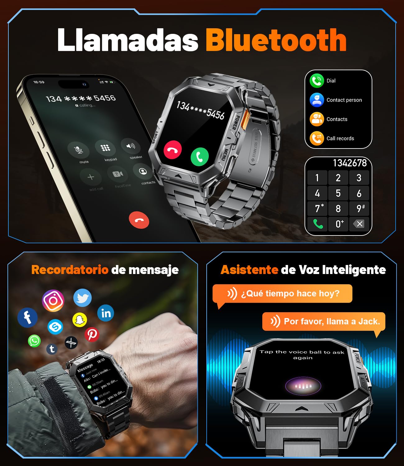 LIGE Reloj Inteligente Hombre, 256MB con 1000mAh Batería/Brújula/Altitud/Barómetro, 2.13" AMOLED Smartwatch Llamadas Bluetooth,100+ Deportivos,10ATM,Herzfrequenz/Schlafmonitor,Android iOS, Negro