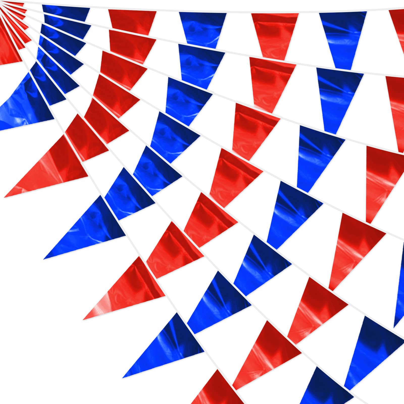 40M/130FT Blue Red Glitter Triangle Pennant Banner Flag Metallic Bunting Fabric Garland for Christmas Graduation, Independence Day, 4th of July, Patriotic Themed Party Decoration