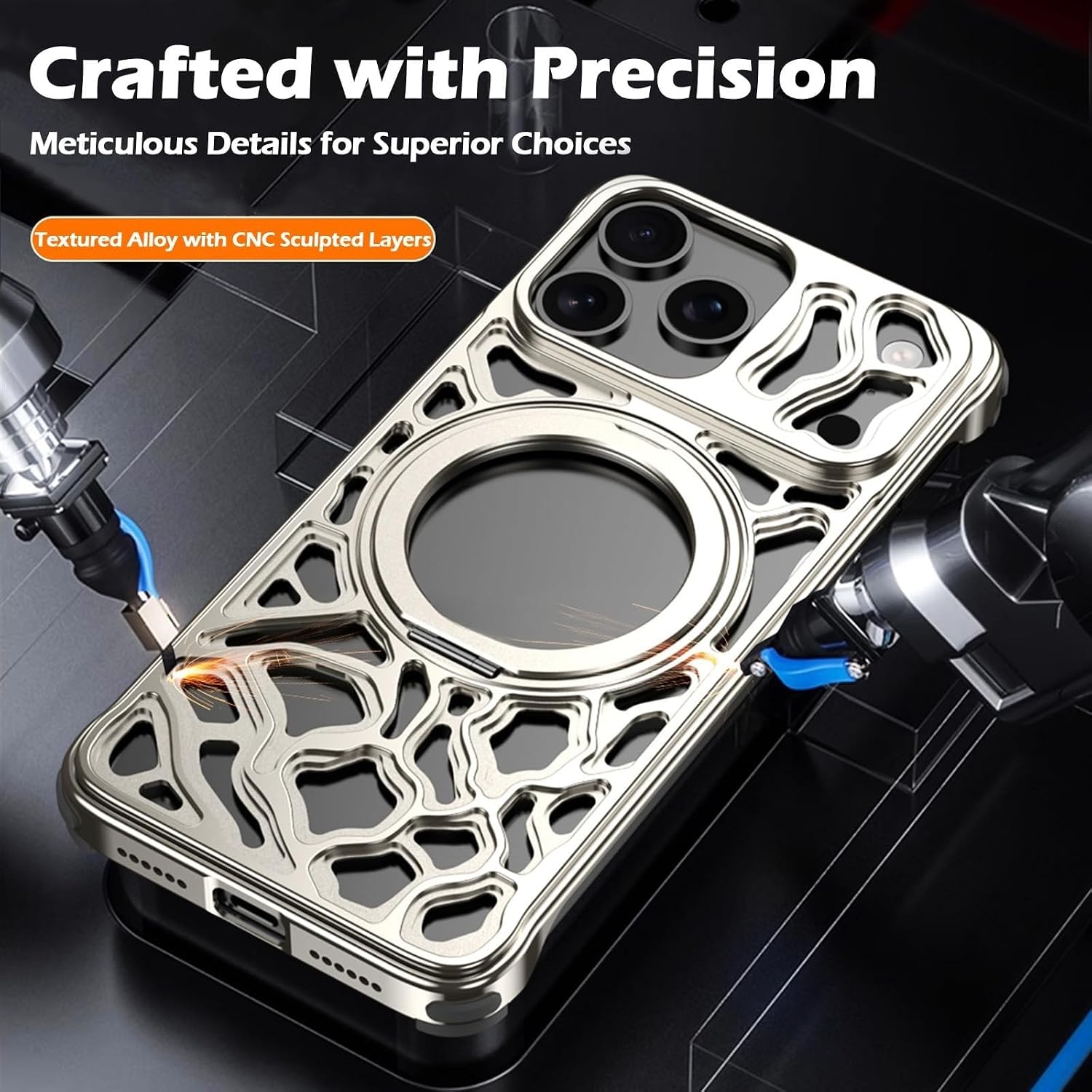 Case for iPhone 17 Pro Max, Metal Frame Cooling Design with 360 Degree Rotating Ring Stand Compatible with MagSafe Slim Durable and Stylish, Orange