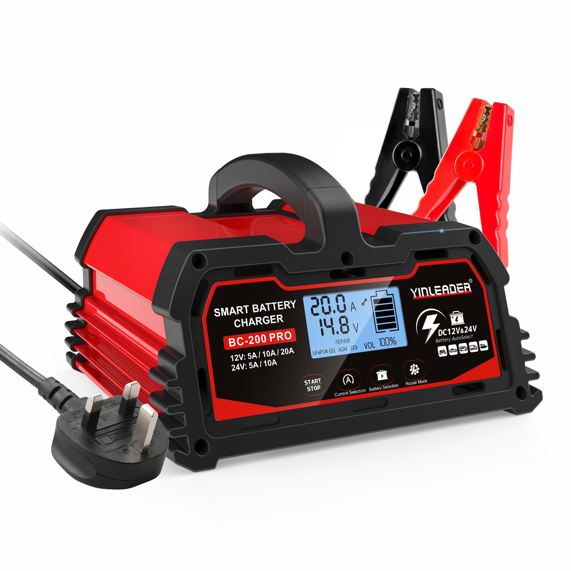 20Amp Car Battery Charger 12V /24V 10A /20A Intelligent Trickle Charger 12V LiFePO4 Battery Charger with LCD Display Charger for 12V/24V Car/Motorcycle Battery