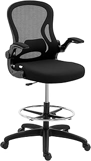 Vinsetto Bürostuhl, Ergonomischer Zeichenstuhl mit verstellbarem Fußring, Drehstuhl, 102-122 cm Höhenverstellbarer Arbeitsstuhl mit Rollen und Lendenwirbelstütze, Schwarz