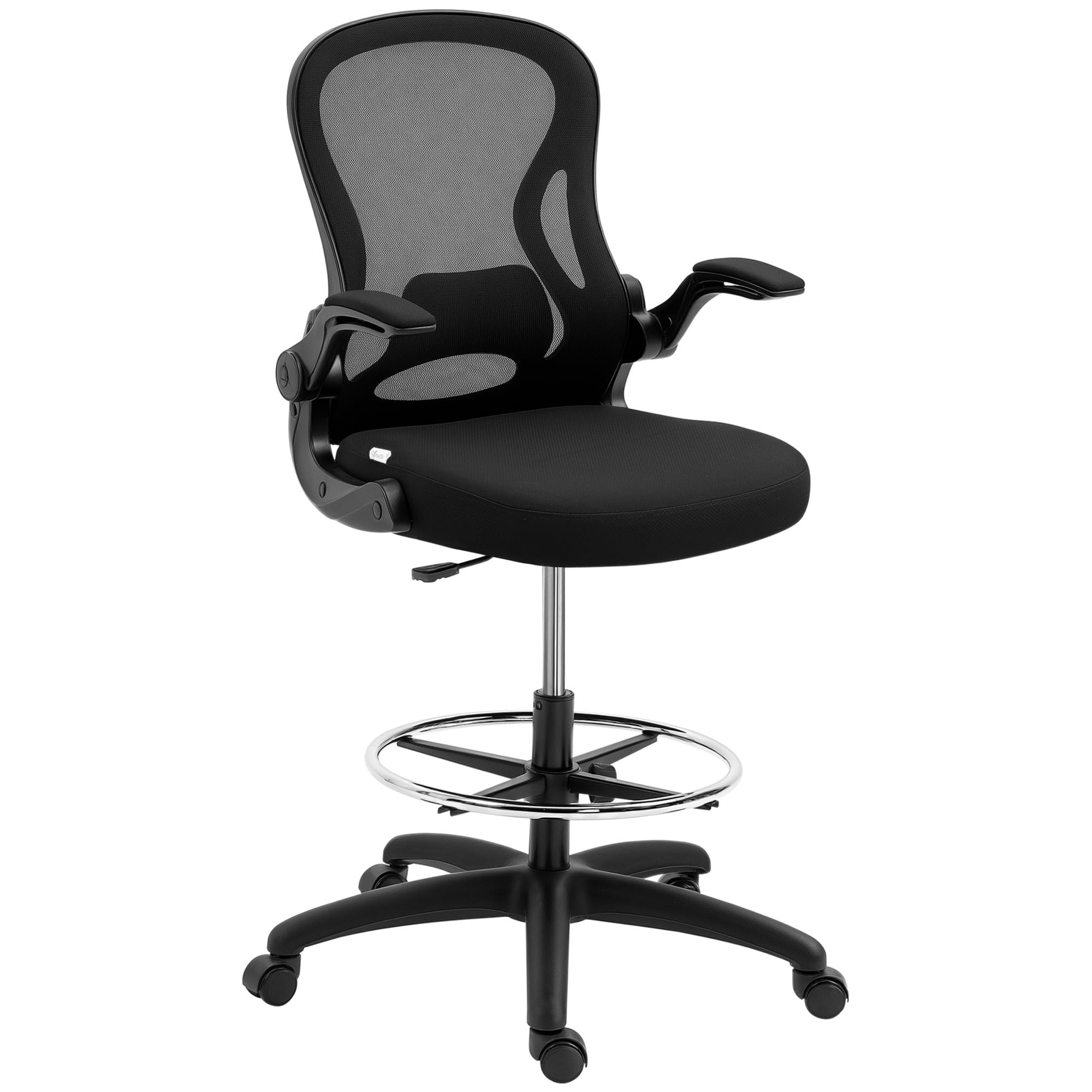 Vinsetto Drafting Chair, Ergonomic Tall Office Chair with Flip-up Armrests, Mesh Back, Lumbar Support, Adjustable Height and Foot Ring, Swivel Wheels, for Standing Desk, Black
